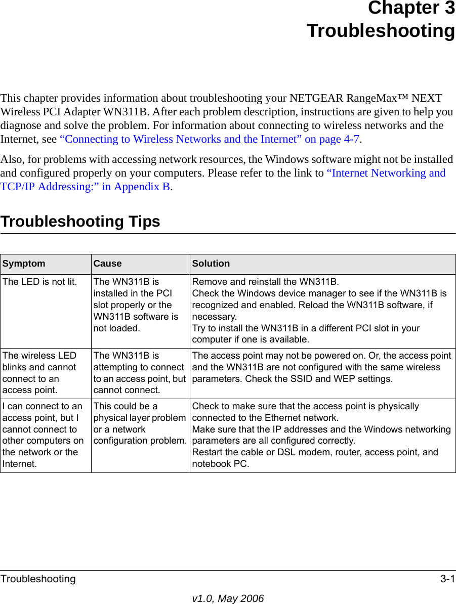 Troubleshooting 3-1v1.0, May 2006Chapter 3TroubleshootingThis chapter provides information about troubleshooting your NETGEAR RangeMax™ NEXT Wireless PCI Adapter WN311B. After each problem description, instructions are given to help you diagnose and solve the problem. For information about connecting to wireless networks and the Internet, see “Connecting to Wireless Networks and the Internet” on page 4-7.Also, for problems with accessing network resources, the Windows software might not be installed and configured properly on your computers. Please refer to the link to “Internet Networking and TCP/IP Addressing:” in Appendix B.Troubleshooting TipsSymptom Cause SolutionThe LED is not lit. The WN311B is installed in the PCI slot properly or the WN311B software is not loaded. Remove and reinstall the WN311B.Check the Windows device manager to see if the WN311B is recognized and enabled. Reload the WN311B software, if necessary.Try to install the WN311B in a different PCI slot in your computer if one is available.The wireless LED blinks and cannot connect to an access point. The WN311B is attempting to connect to an access point, but cannot connect. The access point may not be powered on. Or, the access point and the WN311B are not configured with the same wireless parameters. Check the SSID and WEP settings.I can connect to an access point, but I cannot connect to other computers on the network or the Internet.This could be a physical layer problem or a network configuration problem.Check to make sure that the access point is physically connected to the Ethernet network.Make sure that the IP addresses and the Windows networking parameters are all configured correctly.Restart the cable or DSL modem, router, access point, and notebook PC.