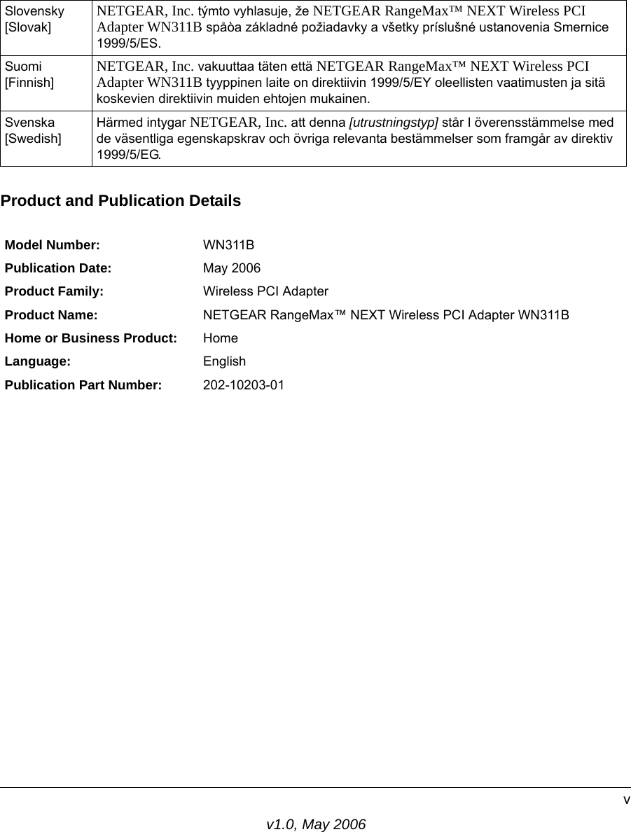 v1.0, May 2006vProduct and Publication DetailsSlovensky [Slovak]NETGEAR, Inc. týmto vyhlasuje, že NETGEAR RangeMax™ NEXT Wireless PCI Adapter WN311B spåòa základné požiadavky a všetky príslušné ustanovenia Smernice 1999/5/ES.Suomi [Finnish]NETGEAR, Inc. vakuuttaa täten että NETGEAR RangeMax™ NEXT Wireless PCI Adapter WN311B tyyppinen laite on direktiivin 1999/5/EY oleellisten vaatimusten ja sitä koskevien direktiivin muiden ehtojen mukainen.Svenska [Swedish]Härmed intygar NETGEAR, Inc. att denna [utrustningstyp] står I överensstämmelse med de väsentliga egenskapskrav och övriga relevanta bestämmelser som framgår av direktiv 1999/5/EG.Model Number: WN311BPublication Date: May 2006Product Family: Wireless PCI AdapterProduct Name: NETGEAR RangeMax™ NEXT Wireless PCI Adapter WN311BHome or Business Product: HomeLanguage: EnglishPublication Part Number: 202-10203-01