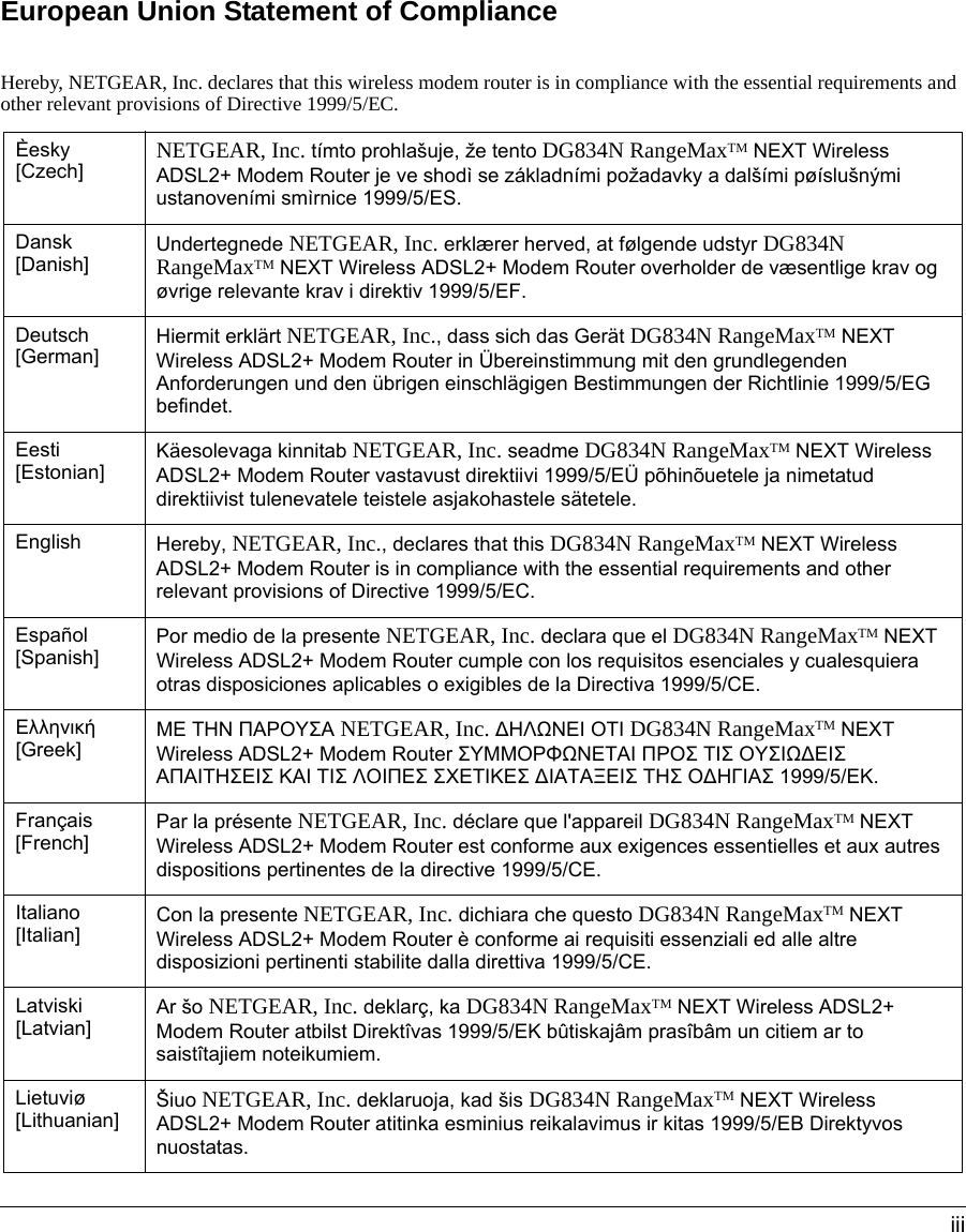  iiiEuropean Union Statement of ComplianceHereby, NETGEAR, Inc. declares that this wireless modem router is in compliance with the essential requirements and other relevant provisions of Directive 1999/5/EC.Èesky [Czech] NETGEAR, Inc. tímto prohlašuje, že tento DG834N RangeMaxTM NEXT Wireless ADSL2+ Modem Router je ve shodì se základními požadavky a dalšími pøíslušnými ustanoveními smìrnice 1999/5/ES.Dansk [Danish] Undertegnede NETGEAR, Inc. erklærer herved, at følgende udstyr DG834N RangeMaxTM NEXT Wireless ADSL2+ Modem Router overholder de væsentlige krav og øvrige relevante krav i direktiv 1999/5/EF.Deutsch [German] Hiermit erklärt NETGEAR, Inc., dass sich das Gerät DG834N RangeMaxTM NEXT Wireless ADSL2+ Modem Router in Übereinstimmung mit den grundlegenden Anforderungen und den übrigen einschlägigen Bestimmungen der Richtlinie 1999/5/EG befindet.Eesti [Estonian] Käesolevaga kinnitab NETGEAR, Inc. seadme DG834N RangeMaxTM NEXT Wireless ADSL2+ Modem Router vastavust direktiivi 1999/5/EÜ põhinõuetele ja nimetatud direktiivist tulenevatele teistele asjakohastele sätetele.English Hereby, NETGEAR, Inc., declares that this DG834N RangeMaxTM NEXT Wireless ADSL2+ Modem Router is in compliance with the essential requirements and other relevant provisions of Directive 1999/5/EC.Español [Spanish] Por medio de la presente NETGEAR, Inc. declara que el DG834N RangeMaxTM NEXT Wireless ADSL2+ Modem Router cumple con los requisitos esenciales y cualesquiera otras disposiciones aplicables o exigibles de la Directiva 1999/5/CE.Ελληνική [Greek] ΜΕ ΤΗΝ ΠΑΡΟΥΣΑ NETGEAR, Inc. ∆ΗΛΩΝΕΙ ΟΤΙ DG834N RangeMaxTM NEXT Wireless ADSL2+ Modem Router ΣΥΜΜΟΡΦΩΝΕΤΑΙ ΠΡΟΣ ΤΙΣ ΟΥΣΙΩ∆ΕΙΣ ΑΠΑΙΤΗΣΕΙΣ ΚΑΙ ΤΙΣ ΛΟΙΠΕΣ ΣΧΕΤΙΚΕΣ ∆ΙΑΤΑΞΕΙΣ ΤΗΣ Ο∆ΗΓΙΑΣ 1999/5/ΕΚ.Français [French] Par la présente NETGEAR, Inc. déclare que l&apos;appareil DG834N RangeMaxTM NEXT Wireless ADSL2+ Modem Router est conforme aux exigences essentielles et aux autres dispositions pertinentes de la directive 1999/5/CE.Italiano [Italian] Con la presente NETGEAR, Inc. dichiara che questo DG834N RangeMaxTM NEXT Wireless ADSL2+ Modem Router è conforme ai requisiti essenziali ed alle altre disposizioni pertinenti stabilite dalla direttiva 1999/5/CE.Latviski [Latvian] Ar šo NETGEAR, Inc. deklarç, ka DG834N RangeMaxTM NEXT Wireless ADSL2+ Modem Router atbilst Direktîvas 1999/5/EK bûtiskajâm prasîbâm un citiem ar to saistîtajiem noteikumiem.Lietuviø [Lithuanian]  Šiuo NETGEAR, Inc. deklaruoja, kad šis DG834N RangeMaxTM NEXT Wireless ADSL2+ Modem Router atitinka esminius reikalavimus ir kitas 1999/5/EB Direktyvos nuostatas.