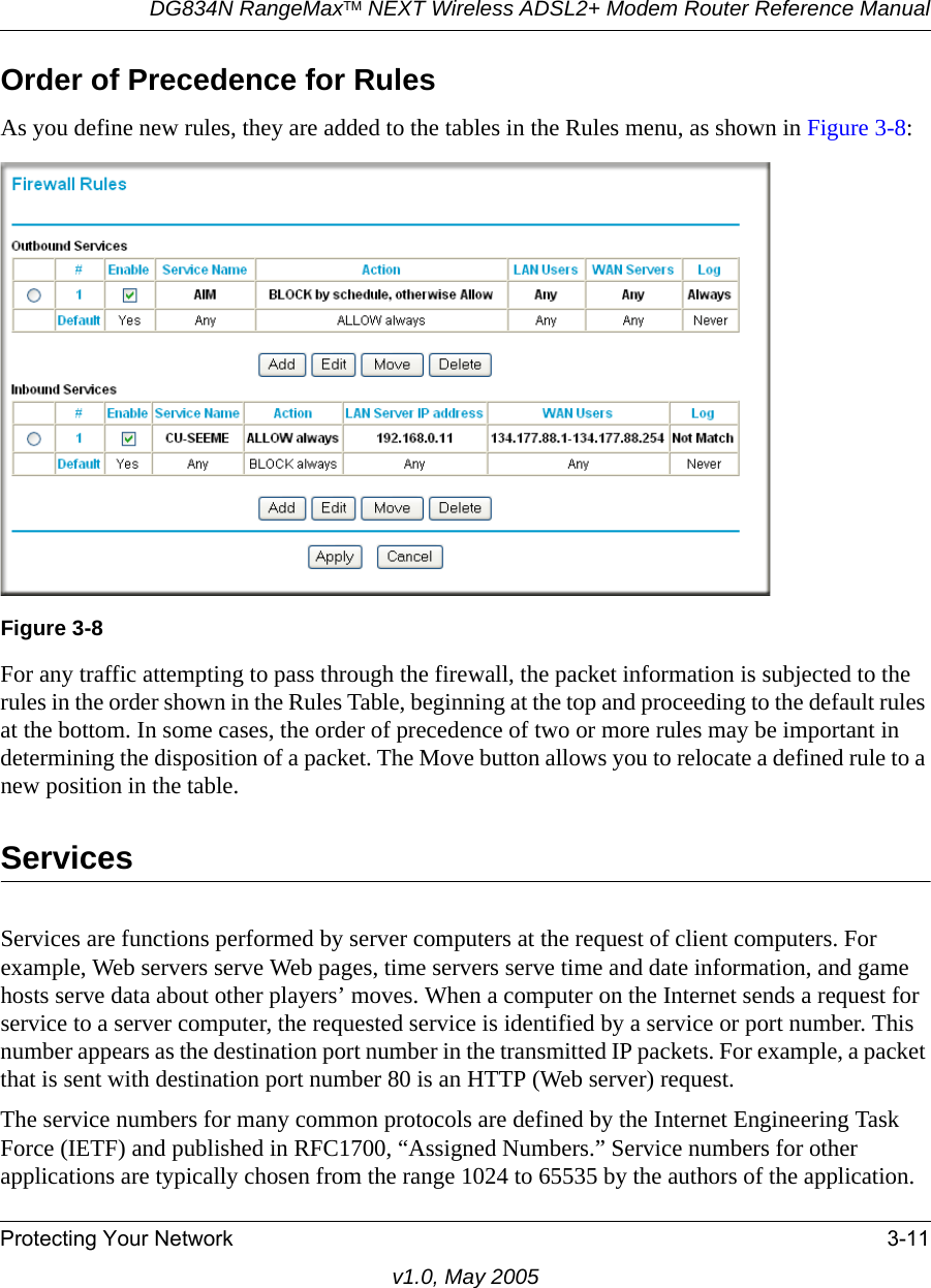 DG834N RangeMaxTM NEXT Wireless ADSL2+ Modem Router Reference ManualProtecting Your Network 3-11v1.0, May 2005Order of Precedence for RulesAs you define new rules, they are added to the tables in the Rules menu, as shown in Figure 3-8:For any traffic attempting to pass through the firewall, the packet information is subjected to the rules in the order shown in the Rules Table, beginning at the top and proceeding to the default rules at the bottom. In some cases, the order of precedence of two or more rules may be important in determining the disposition of a packet. The Move button allows you to relocate a defined rule to a new position in the table.ServicesServices are functions performed by server computers at the request of client computers. For example, Web servers serve Web pages, time servers serve time and date information, and game hosts serve data about other players’ moves. When a computer on the Internet sends a request for service to a server computer, the requested service is identified by a service or port number. This number appears as the destination port number in the transmitted IP packets. For example, a packet that is sent with destination port number 80 is an HTTP (Web server) request.The service numbers for many common protocols are defined by the Internet Engineering Task Force (IETF) and published in RFC1700, “Assigned Numbers.” Service numbers for other applications are typically chosen from the range 1024 to 65535 by the authors of the application.Figure 3-8