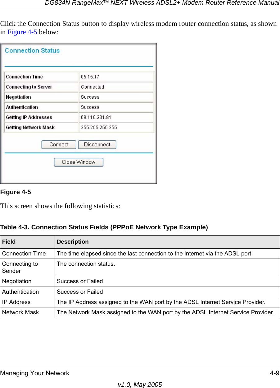 DG834N RangeMaxTM NEXT Wireless ADSL2+ Modem Router Reference ManualManaging Your Network 4-9v1.0, May 2005Click the Connection Status button to display wireless modem router connection status, as shown in Figure 4-5 below:This screen shows the following statistics:Figure 4-5Table 4-3. Connection Status Fields (PPPoE Network Type Example)Field DescriptionConnection Time The time elapsed since the last connection to the Internet via the ADSL port.Connecting to SenderThe connection status.Negotiation Success or FailedAuthentication Success or FailedIP Address The IP Address assigned to the WAN port by the ADSL Internet Service Provider.Network Mask The Network Mask assigned to the WAN port by the ADSL Internet Service Provider.