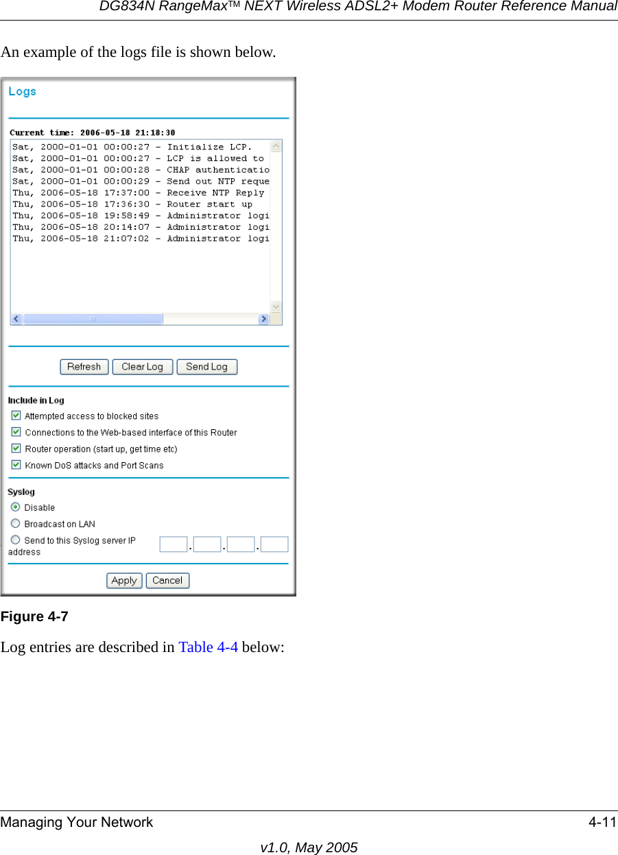 DG834N RangeMaxTM NEXT Wireless ADSL2+ Modem Router Reference ManualManaging Your Network 4-11v1.0, May 2005An example of the logs file is shown below. Log entries are described in Table 4-4 below:Figure 4-7