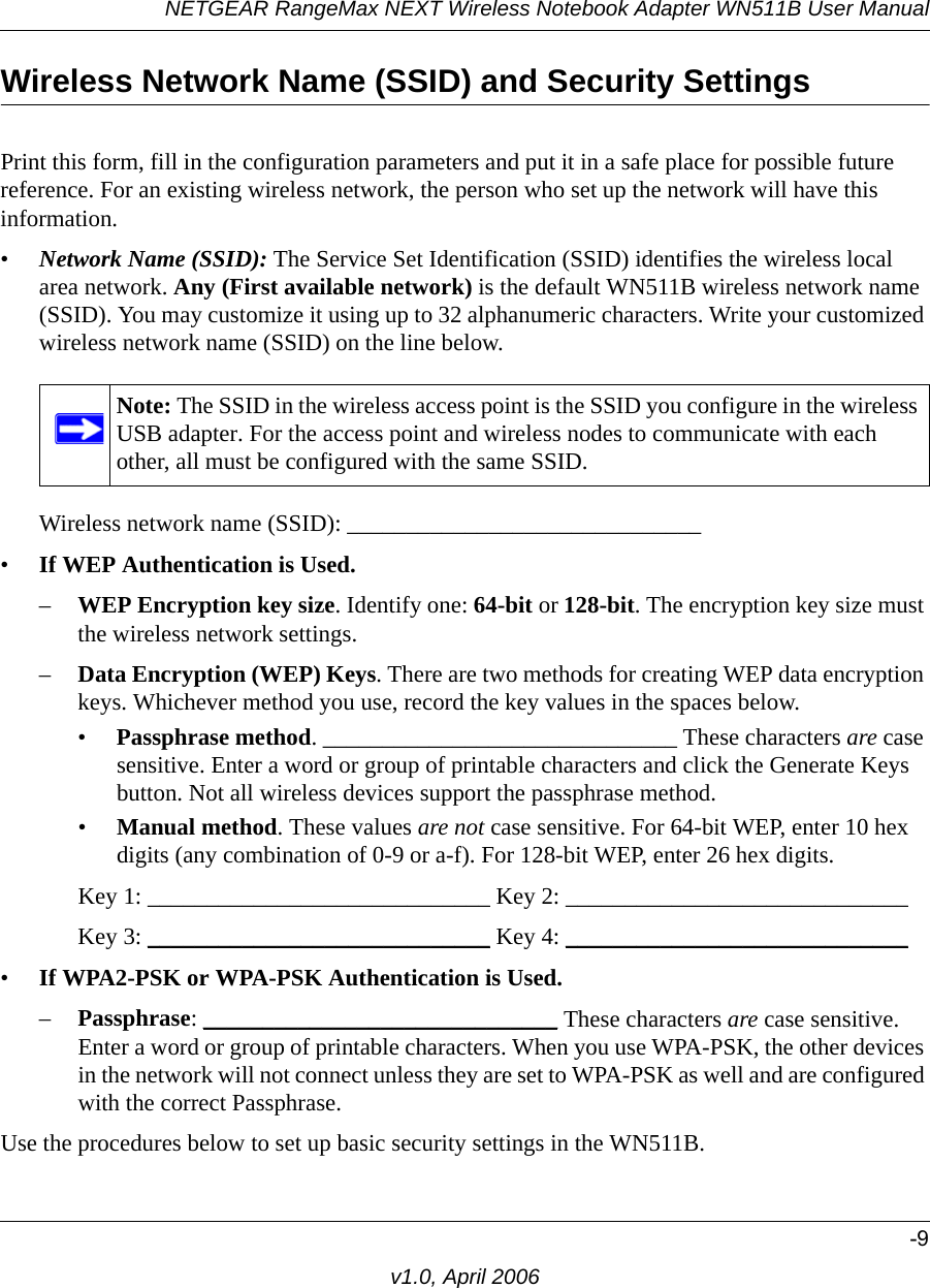 NETGEAR RangeMax NEXT Wireless Notebook Adapter WN511B User Manual-9v1.0, April 2006Wireless Network Name (SSID) and Security SettingsPrint this form, fill in the configuration parameters and put it in a safe place for possible future reference. For an existing wireless network, the person who set up the network will have this information.•Network Name (SSID): The Service Set Identification (SSID) identifies the wireless local area network. Any (First available network) is the default WN511B wireless network name (SSID). You may customize it using up to 32 alphanumeric characters. Write your customized wireless network name (SSID) on the line below. Wireless network name (SSID): ______________________________ •If WEP Authentication is Used. –WEP Encryption key size. Identify one: 64-bit or 128-bit. The encryption key size must the wireless network settings.–Data Encryption (WEP) Keys. There are two methods for creating WEP data encryption keys. Whichever method you use, record the key values in the spaces below.•Passphrase method. ______________________________ These characters are case sensitive. Enter a word or group of printable characters and click the Generate Keys button. Not all wireless devices support the passphrase method.•Manual method. These values are not case sensitive. For 64-bit WEP, enter 10 hex digits (any combination of 0-9 or a-f). For 128-bit WEP, enter 26 hex digits.Key 1: _____________________________ Key 2: _____________________________ Key 3: _____________________________ Key 4: _____________________________ •If WPA2-PSK or WPA-PSK Authentication is Used. –Passphrase: ______________________________ These characters are case sensitive. Enter a word or group of printable characters. When you use WPA-PSK, the other devices in the network will not connect unless they are set to WPA-PSK as well and are configured with the correct Passphrase. Use the procedures below to set up basic security settings in the WN511B.Note: The SSID in the wireless access point is the SSID you configure in the wireless USB adapter. For the access point and wireless nodes to communicate with each other, all must be configured with the same SSID.