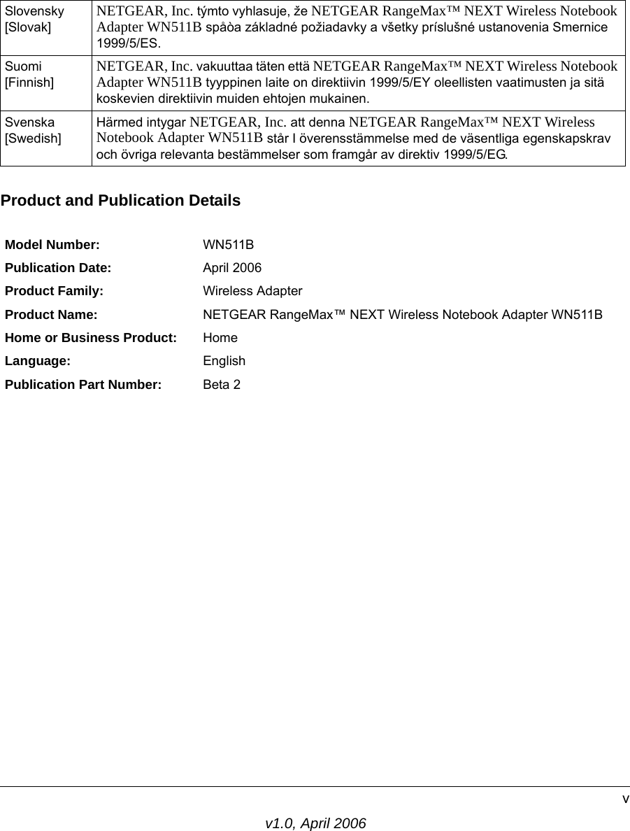 v1.0, April 2006vProduct and Publication DetailsSlovensky [Slovak]NETGEAR, Inc. týmto vyhlasuje, že NETGEAR RangeMax™ NEXT Wireless Notebook Adapter WN511B spåòa základné požiadavky a všetky príslušné ustanovenia Smernice 1999/5/ES.Suomi [Finnish]NETGEAR, Inc. vakuuttaa täten että NETGEAR RangeMax™ NEXT Wireless Notebook Adapter WN511B tyyppinen laite on direktiivin 1999/5/EY oleellisten vaatimusten ja sitä koskevien direktiivin muiden ehtojen mukainen.Svenska [Swedish]Härmed intygar NETGEAR, Inc. att denna NETGEAR RangeMax™ NEXT Wireless Notebook Adapter WN511B står I överensstämmelse med de väsentliga egenskapskrav och övriga relevanta bestämmelser som framgår av direktiv 1999/5/EG.Model Number: WN511BPublication Date: April 2006Product Family: Wireless AdapterProduct Name: NETGEAR RangeMax™ NEXT Wireless Notebook Adapter WN511BHome or Business Product: HomeLanguage: EnglishPublication Part Number: Beta 2