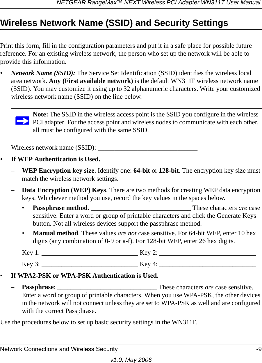 NETGEAR RangeMax™ NEXT Wireless PCI Adapter WN311T User Manual Network Connections and Wireless Security -9v1.0, May 2006Wireless Network Name (SSID) and Security SettingsPrint this form, fill in the configuration parameters and put it in a safe place for possible future reference. For an existing wireless network, the person who set up the network will be able to provide this information.•Network Name (SSID): The Service Set Identification (SSID) identifies the wireless local area network. Any (First available network) is the default WN311T wireless network name (SSID). You may customize it using up to 32 alphanumeric characters. Write your customized wireless network name (SSID) on the line below. Wireless network name (SSID): ______________________________ •If WEP Authentication is Used. –WEP Encryption key size. Identify one: 64-bit or 128-bit. The encryption key size must match the wireless network settings.–Data Encryption (WEP) Keys. There are two methods for creating WEP data encryption keys. Whichever method you use, record the key values in the spaces below.•Passphrase method. ______________________________ These characters are case sensitive. Enter a word or group of printable characters and click the Generate Keys button. Not all wireless devices support the passphrase method.•Manual method. These values are not case sensitive. For 64-bit WEP, enter 10 hex digits (any combination of 0-9 or a-f). For 128-bit WEP, enter 26 hex digits.Key 1: _____________________________ Key 2: _____________________________ Key 3: _____________________________ Key 4: _____________________________ •If WPA2-PSK or WPA-PSK Authentication is Used. –Passphrase: ______________________________ These characters are case sensitive. Enter a word or group of printable characters. When you use WPA-PSK, the other devices in the network will not connect unless they are set to WPA-PSK as well and are configured with the correct Passphrase. Use the procedures below to set up basic security settings in the WN311T.Note: The SSID in the wireless access point is the SSID you configure in the wireless PCI adapter. For the access point and wireless nodes to communicate with each other, all must be configured with the same SSID.