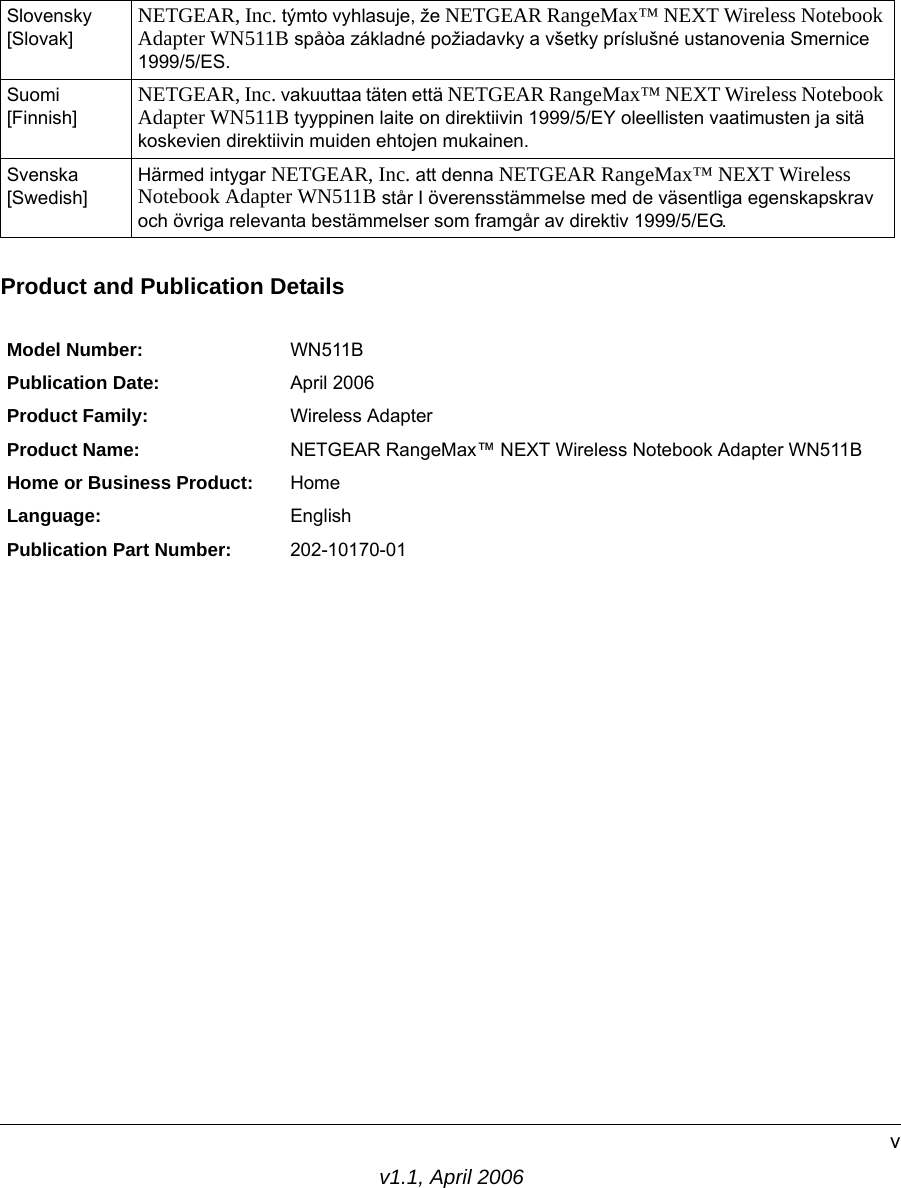 v1.1, April 2006vProduct and Publication DetailsSlovensky [Slovak]NETGEAR, Inc. týmto vyhlasuje, že NETGEAR RangeMax™ NEXT Wireless Notebook Adapter WN511B spåòa základné požiadavky a všetky príslušné ustanovenia Smernice 1999/5/ES.Suomi [Finnish]NETGEAR, Inc. vakuuttaa täten että NETGEAR RangeMax™ NEXT Wireless Notebook Adapter WN511B tyyppinen laite on direktiivin 1999/5/EY oleellisten vaatimusten ja sitä koskevien direktiivin muiden ehtojen mukainen.Svenska [Swedish]Härmed intygar NETGEAR, Inc. att denna NETGEAR RangeMax™ NEXT Wireless Notebook Adapter WN511B står I överensstämmelse med de väsentliga egenskapskrav och övriga relevanta bestämmelser som framgår av direktiv 1999/5/EG.Model Number: WN511BPublication Date: April 2006Product Family: Wireless AdapterProduct Name: NETGEAR RangeMax™ NEXT Wireless Notebook Adapter WN511BHome or Business Product: HomeLanguage: EnglishPublication Part Number: 202-10170-01