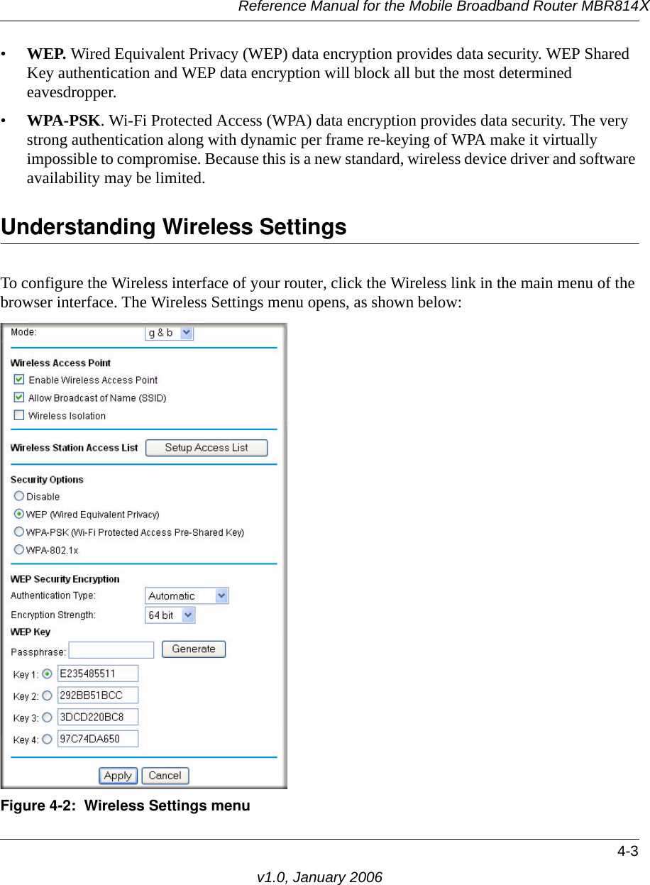 Reference Manual for the Mobile Broadband Router MBR814X4-3v1.0, January 2006•WEP. Wired Equivalent Privacy (WEP) data encryption provides data security. WEP Shared Key authentication and WEP data encryption will block all but the most determined eavesdropper. •WPA-PSK. Wi-Fi Protected Access (WPA) data encryption provides data security. The very strong authentication along with dynamic per frame re-keying of WPA make it virtually impossible to compromise. Because this is a new standard, wireless device driver and software availability may be limited. Understanding Wireless SettingsTo configure the Wireless interface of your router, click the Wireless link in the main menu of the browser interface. The Wireless Settings menu opens, as shown below:Figure 4-2:  Wireless Settings menu