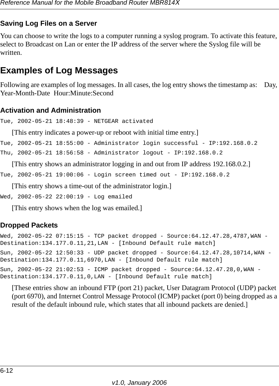 Reference Manual for the Mobile Broadband Router MBR814X6-12v1.0, January 2006Saving Log Files on a ServerYou can choose to write the logs to a computer running a syslog program. To activate this feature, select to Broadcast on Lan or enter the IP address of the server where the Syslog file will be written.Examples of Log MessagesFollowing are examples of log messages. In all cases, the log entry shows the timestamp as:    Day, Year-Month-Date  Hour:Minute:SecondActivation and AdministrationTue, 2002-05-21 18:48:39 - NETGEAR activated [This entry indicates a power-up or reboot with initial time entry.]Tue, 2002-05-21 18:55:00 - Administrator login successful - IP:192.168.0.2 Thu, 2002-05-21 18:56:58 - Administrator logout - IP:192.168.0.2 [This entry shows an administrator logging in and out from IP address 192.168.0.2.]Tue, 2002-05-21 19:00:06 - Login screen timed out - IP:192.168.0.2[This entry shows a time-out of the administrator login.]Wed, 2002-05-22 22:00:19 - Log emailed[This entry shows when the log was emailed.]Dropped Packets Wed, 2002-05-22 07:15:15 - TCP packet dropped - Source:64.12.47.28,4787,WAN - Destination:134.177.0.11,21,LAN - [Inbound Default rule match]Sun, 2002-05-22 12:50:33 - UDP packet dropped - Source:64.12.47.28,10714,WAN - Destination:134.177.0.11,6970,LAN - [Inbound Default rule match]Sun, 2002-05-22 21:02:53 - ICMP packet dropped - Source:64.12.47.28,0,WAN - Destination:134.177.0.11,0,LAN - [Inbound Default rule match][These entries show an inbound FTP (port 21) packet, User Datagram Protocol (UDP) packet (port 6970), and Internet Control Message Protocol (ICMP) packet (port 0) being dropped as a result of the default inbound rule, which states that all inbound packets are denied.]