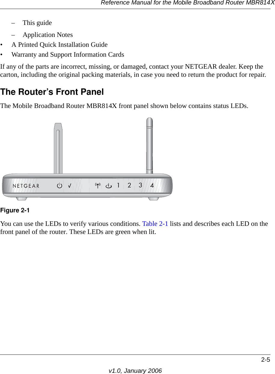 Reference Manual for the Mobile Broadband Router MBR814X2-5v1.0, January 2006–This guide– Application Notes• A Printed Quick Installation Guide• Warranty and Support Information CardsIf any of the parts are incorrect, missing, or damaged, contact your NETGEAR dealer. Keep the carton, including the original packing materials, in case you need to return the product for repair.The Router’s Front PanelThe Mobile Broadband Router MBR814X front panel shown below contains status LEDs. You can use the LEDs to verify various conditions. Table 2-1 lists and describes each LED on the front panel of the router. These LEDs are green when lit.Figure 2-1