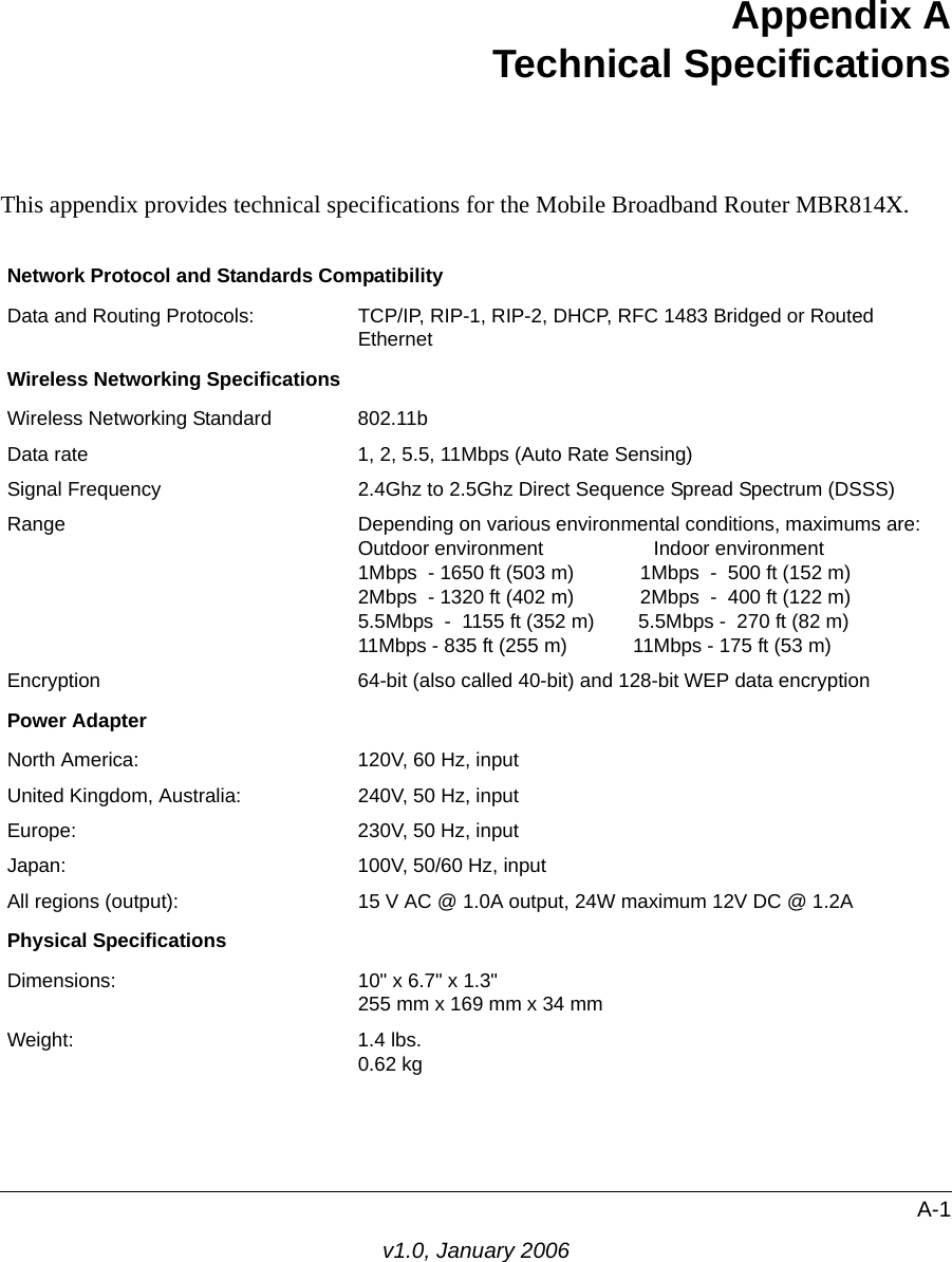 A-1v1.0, January 2006Appendix A Technical SpecificationsThis appendix provides technical specifications for the Mobile Broadband Router MBR814X.Network Protocol and Standards CompatibilityData and Routing Protocols: TCP/IP, RIP-1, RIP-2, DHCP, RFC 1483 Bridged or Routed EthernetWireless Networking SpecificationsWireless Networking Standard 802.11bData rate 1, 2, 5.5, 11Mbps (Auto Rate Sensing)Signal Frequency 2.4Ghz to 2.5Ghz Direct Sequence Spread Spectrum (DSSS)Range Depending on various environmental conditions, maximums are:Outdoor environment                    Indoor environment 1Mbps  - 1650 ft (503 m)            1Mbps  -  500 ft (152 m) 2Mbps  - 1320 ft (402 m)            2Mbps  -  400 ft (122 m) 5.5Mbps  -  1155 ft (352 m)        5.5Mbps -  270 ft (82 m) 11Mbps - 835 ft (255 m)            11Mbps - 175 ft (53 m)Encryption 64-bit (also called 40-bit) and 128-bit WEP data encryptionPower AdapterNorth America: 120V, 60 Hz, inputUnited Kingdom, Australia: 240V, 50 Hz, inputEurope: 230V, 50 Hz, inputJapan: 100V, 50/60 Hz, inputAll regions (output): 15 V AC @ 1.0A output, 24W maximum 12V DC @ 1.2APhysical SpecificationsDimensions: 10&quot; x 6.7&quot; x 1.3&quot; 255 mm x 169 mm x 34 mmWeight: 1.4 lbs. 0.62 kg