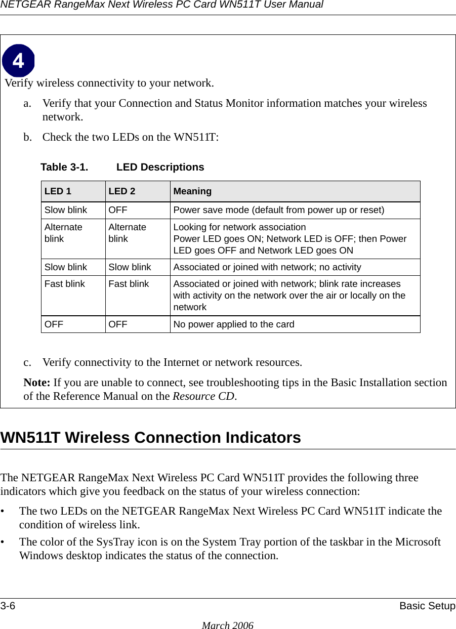 NETGEAR RangeMax Next Wireless PC Card WN511T User Manual 3-6 Basic SetupMarch 2006WN511T Wireless Connection Indicators The NETGEAR RangeMax Next Wireless PC Card WN511T provides the following three indicators which give you feedback on the status of your wireless connection:• The two LEDs on the NETGEAR RangeMax Next Wireless PC Card WN511T indicate the condition of wireless link. • The color of the SysTray icon is on the System Tray portion of the taskbar in the Microsoft Windows desktop indicates the status of the connection.Verify wireless connectivity to your network.a. Verify that your Connection and Status Monitor information matches your wireless network.b. Check the two LEDs on the WN511T: c. Verify connectivity to the Internet or network resources.Note: If you are unable to connect, see troubleshooting tips in the Basic Installation section of the Reference Manual on the Resource CD. Table 3-1. LED DescriptionsLED 1 LED 2 MeaningSlow blink OFF Power save mode (default from power up or reset)Alternate blinkAlternate blinkLooking for network associationPower LED goes ON; Network LED is OFF; then Power LED goes OFF and Network LED goes ONSlow blink Slow blink Associated or joined with network; no activityFast blink Fast blink Associated or joined with network; blink rate increases with activity on the network over the air or locally on the network OFF OFF No power applied to the card