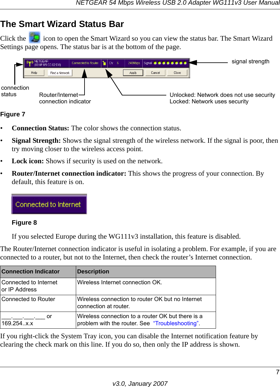 NETGEAR 54 Mbps Wireless USB 2.0 Adapter WG111v3 User Manual7v3.0, January 2007The Smart Wizard Status BarClick the   icon to open the Smart Wizard so you can view the status bar. The Smart Wizard Settings page opens. The status bar is at the bottom of the page.•Connection Status: The color shows the connection status.•Signal Strength: Shows the signal strength of the wireless network. If the signal is poor, then try moving closer to the wireless access point. •Lock icon: Shows if security is used on the network.•Router/Internet connection indicator: This shows the progress of your connection. By default, this feature is on.If you selected Europe during the WG111v3 installation, this feature is disabled.The Router/Internet connection indicator is useful in isolating a problem. For example, if you are connected to a router, but not to the Internet, then check the router’s Internet connection.If you right-click the System Tray icon, you can disable the Internet notification feature by clearing the check mark on this line. If you do so, then only the IP address is shown.Figure 7Figure 8Connection Indicator DescriptionConnected to Internetor IP AddressWireless Internet connection OK.Connected to Router Wireless connection to router OK but no Internet connection at router.___.___.___.___ or169.254..x.xWireless connection to a router OK but there is a problem with the router. See  “Troubleshooting”.signal strengthUnlocked: Network does not use securityLocked: Network uses securityRouter/Internetconnectionconnection indicatorstatus