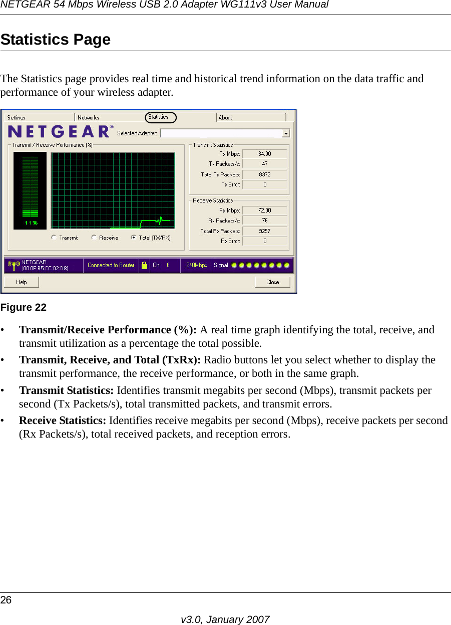 NETGEAR 54 Mbps Wireless USB 2.0 Adapter WG111v3 User Manual26v3.0, January 2007Statistics PageThe Statistics page provides real time and historical trend information on the data traffic and performance of your wireless adapter.•Transmit/Receive Performance (%): A real time graph identifying the total, receive, and transmit utilization as a percentage the total possible. •Transmit, Receive, and Total (TxRx): Radio buttons let you select whether to display the transmit performance, the receive performance, or both in the same graph.•Transmit Statistics: Identifies transmit megabits per second (Mbps), transmit packets per second (Tx Packets/s), total transmitted packets, and transmit errors.•Receive Statistics: Identifies receive megabits per second (Mbps), receive packets per second (Rx Packets/s), total received packets, and reception errors.Figure 22