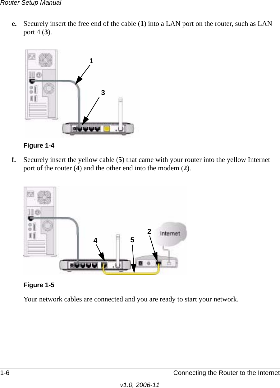 Router Setup Manual1-6 Connecting the Router to the Internetv1.0, 2006-11e. Securely insert the free end of the cable (1) into a LAN port on the router, such as LAN port 4 (3).f. Securely insert the yellow cable (5) that came with your router into the yellow Internet port of the router (4) and the other end into the modem (2).Your network cables are connected and you are ready to start your network.Figure 1-4 Figure 1-531452