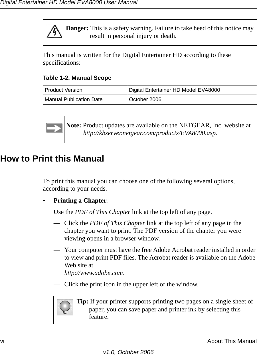 Digital Entertainer HD Model EVA8000 User Manualvi About This Manualv1.0, October 2006This manual is written for the Digital Entertainer HD according to these specifications:How to Print this ManualTo print this manual you can choose one of the following several options, according to your needs.•Printing a Chapter. Use the PDF of This Chapter link at the top left of any page.— Click the PDF of This Chapter link at the top left of any page in the chapter you want to print. The PDF version of the chapter you were viewing opens in a browser window. — Your computer must have the free Adobe Acrobat reader installed in order to view and print PDF files. The Acrobat reader is available on the Adobe Web site at  http://www.adobe.com.— Click the print icon in the upper left of the window. Danger: This is a safety warning. Failure to take heed of this notice may result in personal injury or death.Table 1-2. Manual ScopeProduct Version Digital Entertainer HD Model EVA8000Manual Publication Date October 2006Note: Product updates are available on the NETGEAR, Inc. website at http://kbserver.netgear.com/products/EVA8000.asp.Tip: If your printer supports printing two pages on a single sheet of paper, you can save paper and printer ink by selecting this feature.