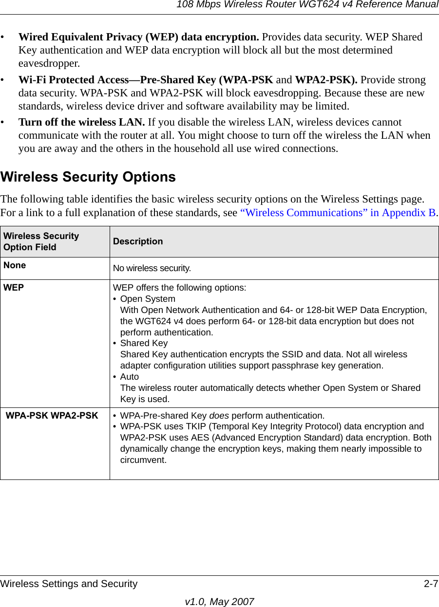 108 Mbps Wireless Router WGT624 v4 Reference ManualWireless Settings and Security 2-7v1.0, May 2007•Wired Equivalent Privacy (WEP) data encryption. Provides data security. WEP Shared Key authentication and WEP data encryption will block all but the most determined eavesdropper. •Wi-Fi Protected Access—Pre-Shared Key (WPA-PSK and WPA2-PSK). Provide strong data security. WPA-PSK and WPA2-PSK will block eavesdropping. Because these are new standards, wireless device driver and software availability may be limited. •Turn off the wireless LAN. If you disable the wireless LAN, wireless devices cannot communicate with the router at all. You might choose to turn off the wireless the LAN when you are away and the others in the household all use wired connections.Wireless Security OptionsThe following table identifies the basic wireless security options on the Wireless Settings page. For a link to a full explanation of these standards, see “Wireless Communications” in Appendix B.Wireless Security Option Field  DescriptionNone No wireless security.WEP WEP offers the following options:• Open SystemWith Open Network Authentication and 64- or 128-bit WEP Data Encryption, the WGT624 v4 does perform 64- or 128-bit data encryption but does not perform authentication. • Shared KeyShared Key authentication encrypts the SSID and data. Not all wireless adapter configuration utilities support passphrase key generation.•AutoThe wireless router automatically detects whether Open System or Shared Key is used. WPA-PSK WPA2-PSK • WPA-Pre-shared Key does perform authentication. • WPA-PSK uses TKIP (Temporal Key Integrity Protocol) data encryption and WPA2-PSK uses AES (Advanced Encryption Standard) data encryption. Both dynamically change the encryption keys, making them nearly impossible to circumvent.