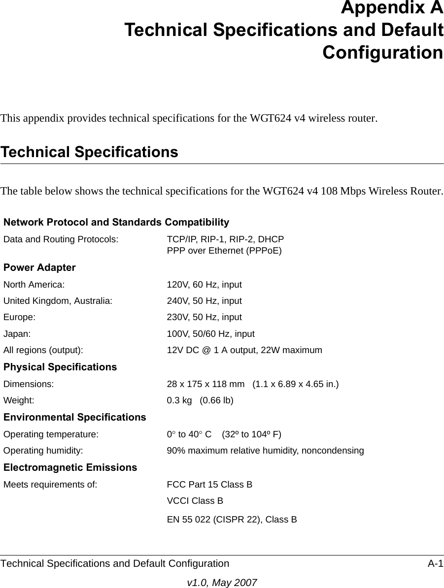 Technical Specifications and Default Configuration A-1v1.0, May 2007Appendix ATechnical Specifications and DefaultConfigurationThis appendix provides technical specifications for the WGT624 v4 wireless router.Technical SpecificationsThe table below shows the technical specifications for the WGT624 v4 108 Mbps Wireless Router.Network Protocol and Standards CompatibilityData and Routing Protocols: TCP/IP, RIP-1, RIP-2, DHCPPPP over Ethernet (PPPoE)Power AdapterNorth America: 120V, 60 Hz, inputUnited Kingdom, Australia: 240V, 50 Hz, inputEurope: 230V, 50 Hz, inputJapan: 100V, 50/60 Hz, inputAll regions (output): 12V DC @ 1 A output, 22W maximumPhysical SpecificationsDimensions: 28 x 175 x 118 mm (1.1 x 6.89 x 4.65 in.)Weight: 0.3 kg (0.66 lb)Environmental SpecificationsOperating temperature: 0° to 40° C  (32º to 104º F)Operating humidity: 90% maximum relative humidity, noncondensingElectromagnetic EmissionsMeets requirements of: FCC Part 15 Class BVCCI Class BEN 55 022 (CISPR 22), Class B