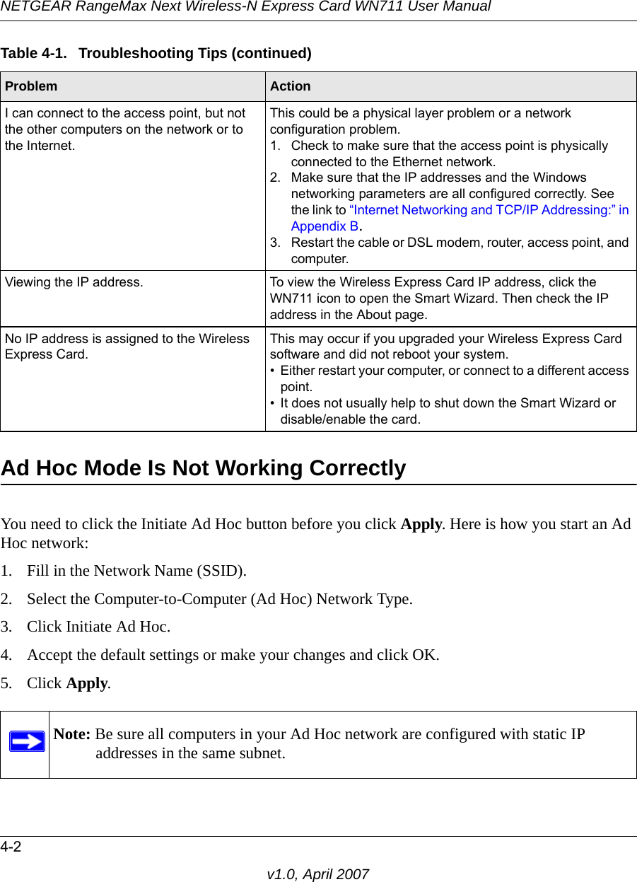 NETGEAR RangeMax Next Wireless-N Express Card WN711 User Manual4-2v1.0, April 2007Ad Hoc Mode Is Not Working CorrectlyYou need to click the Initiate Ad Hoc button before you click Apply. Here is how you start an Ad Hoc network:1. Fill in the Network Name (SSID).2. Select the Computer-to-Computer (Ad Hoc) Network Type.3. Click Initiate Ad Hoc.4. Accept the default settings or make your changes and click OK.5. Click Apply.I can connect to the access point, but not the other computers on the network or to the Internet.This could be a physical layer problem or a network configuration problem.1. Check to make sure that the access point is physically connected to the Ethernet network.2. Make sure that the IP addresses and the Windows networking parameters are all configured correctly. See the link to “Internet Networking and TCP/IP Addressing:” in Appendix B.3. Restart the cable or DSL modem, router, access point, and computer.Viewing the IP address. To view the Wireless Express Card IP address, click the WN711 icon to open the Smart Wizard. Then check the IP address in the About page.No IP address is assigned to the Wireless Express Card.This may occur if you upgraded your Wireless Express Card software and did not reboot your system. • Either restart your computer, or connect to a different access point.• It does not usually help to shut down the Smart Wizard or disable/enable the card.Note: Be sure all computers in your Ad Hoc network are configured with static IP addresses in the same subnet.Table 4-1.  Troubleshooting Tips (continued)Problem Action