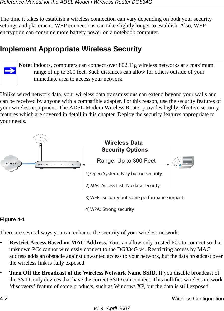 Reference Manual for the ADSL Modem Wireless Router DG834G4-2 Wireless Configurationv1.4, April 2007The time it takes to establish a wireless connection can vary depending on both your security settings and placement. WEP connections can take slightly longer to establish. Also, WEP encryption can consume more battery power on a notebook computer.Implement Appropriate Wireless Security Unlike wired network data, your wireless data transmissions can extend beyond your walls and can be received by anyone with a compatible adapter. For this reason, use the security features of your wireless equipment. The ADSL Modem Wireless Router provides highly effective security features which are covered in detail in this chapter. Deploy the security features appropriate to your needs.There are several ways you can enhance the security of your wireless network:•Restrict Access Based on MAC Address. You can allow only trusted PCs to connect so that unknown PCs cannot wirelessly connect to the DG834G v4. Restricting access by MAC address adds an obstacle against unwanted access to your network, but the data broadcast over the wireless link is fully exposed. •Turn Off the Broadcast of the Wireless Network Name SSID. If you disable broadcast of the SSID, only devices that have the correct SSID can connect. This nullifies wireless network ‘discovery’ feature of some products, such as Windows XP, but the data is still exposed.Note: Indoors, computers can connect over 802.11g wireless networks at a maximum range of up to 300 feet. Such distances can allow for others outside of your immediate area to access your network.Figure 4-1/PEN3YSTEM%ASYBUTNOSECURITY-!#!CCESS,IST.ODATASECURITY7%03ECURITYBUTSOMEPERFORMANCEIMPACT70!3TRONGSECURITY:LUHOHVV&apos;DWD6HFXULW\2SWLRQV5DQJH8SWR)HHW