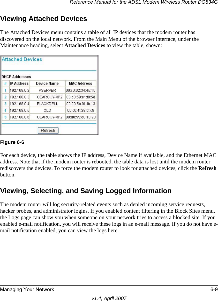 Reference Manual for the ADSL Modem Wireless Router DG834GManaging Your Network 6-9v1.4, April 2007Viewing Attached DevicesThe Attached Devices menu contains a table of all IP devices that the modem router has discovered on the local network. From the Main Menu of the browser interface, under the Maintenance heading, select Attached Devices to view the table, shown:For each device, the table shows the IP address, Device Name if available, and the Ethernet MAC address. Note that if the modem router is rebooted, the table data is lost until the modem router rediscovers the devices. To force the modem router to look for attached devices, click the Refresh button.Viewing, Selecting, and Saving Logged InformationThe modem router will log security-related events such as denied incoming service requests, hacker probes, and administrator logins. If you enabled content filtering in the Block Sites menu, the Logs page can show you when someone on your network tries to access a blocked site. If you enabled e-mail notification, you will receive these logs in an e-mail message. If you do not have e-mail notification enabled, you can view the logs here. Figure 6-6