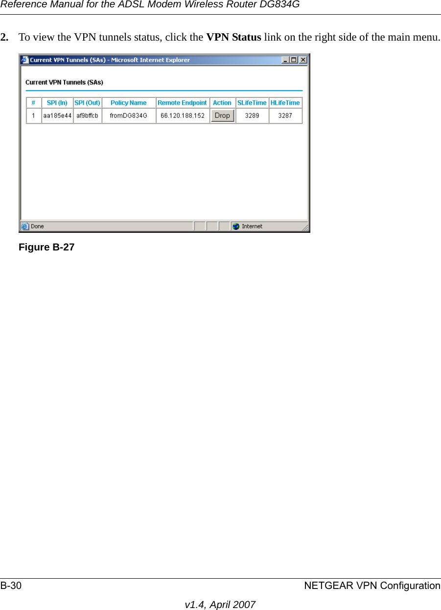 Reference Manual for the ADSL Modem Wireless Router DG834GB-30 NETGEAR VPN Configurationv1.4, April 20072. To view the VPN tunnels status, click the VPN Status link on the right side of the main menu.Figure B-27