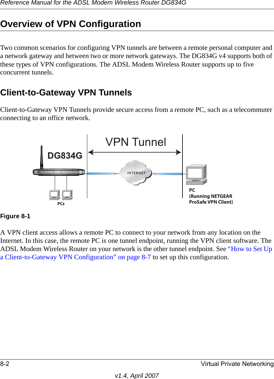 Reference Manual for the ADSL Modem Wireless Router DG834G8-2 Virtual Private Networkingv1.4, April 2007Overview of VPN ConfigurationTwo common scenarios for configuring VPN tunnels are between a remote personal computer and a network gateway and between two or more network gateways. The DG834G v4 supports both of these types of VPN configurations. The ADSL Modem Wireless Router supports up to five concurrent tunnels.Client-to-Gateway VPN TunnelsClient-to-Gateway VPN Tunnels provide secure access from a remote PC, such as a telecommuter connecting to an office network.A VPN client access allows a remote PC to connect to your network from any location on the Internet. In this case, the remote PC is one tunnel endpoint, running the VPN client software. The ADSL Modem Wireless Router on your network is the other tunnel endpoint. See “How to Set Up a Client-to-Gateway VPN Configuration” on page 8-7 to set up this configuration.Figure 8-1VPN TunnelDG834GPC(Running NETGEARProSafe VPN Client)PCs