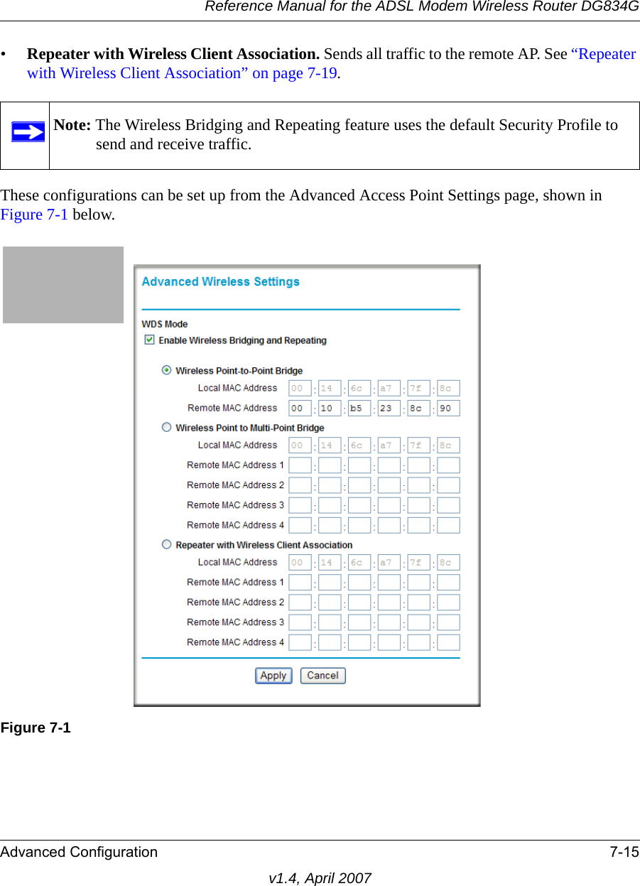 Reference Manual for the ADSL Modem Wireless Router DG834GAdvanced Configuration 7-15v1.4, April 2007•Repeater with Wireless Client Association. Sends all traffic to the remote AP. See “Repeater with Wireless Client Association” on page 7-19.These configurations can be set up from the Advanced Access Point Settings page, shown in Figure 7-1 below.Note: The Wireless Bridging and Repeating feature uses the default Security Profile to send and receive traffic.Figure 7-1