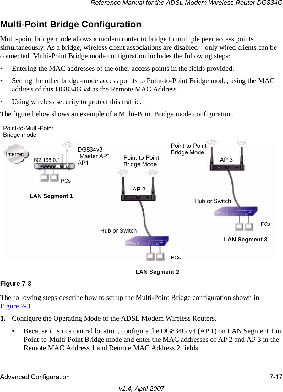 Reference Manual for the ADSL Modem Wireless Router DG834GAdvanced Configuration 7-17v1.4, April 2007Multi-Point Bridge ConfigurationMulti-point bridge mode allows a modem router to bridge to multiple peer access points simultaneously. As a bridge, wireless client associations are disabled—only wired clients can be connected. Multi-Point Bridge mode configuration includes the following steps:• Entering the MAC addresses of the other access points in the fields provided. • Setting the other bridge-mode access points to Point-to-Point Bridge mode, using the MAC address of this DG834G v4 as the Remote MAC Address. • Using wireless security to protect this traffic. The figure below shows an example of a Multi-Point Bridge mode configuration.The following steps describe how to set up the Multi-Point Bridge configuration shown in Figure 7-3.1. Configure the Operating Mode of the ADSL Modem Wireless Routers.• Because it is in a central location, configure the DG834G v4 (AP 1) on LAN Segment 1 in Point-to-Multi-Point Bridge mode and enter the MAC addresses of AP 2 and AP 3 in the Remote MAC Address 1 and Remote MAC Address 2 fields.Figure 7-3AP 2DG834v3InternetHub or Switch192.168.0.1PCsPCsAP 3PCsLAN Segment 1LAN Segment 2LAN Segment 3Hub or SwitchPoint-to-Multi-PointBridge modePoint-to-PointBridge ModePoint-to-PointBridge Mode“Master AP”AP1