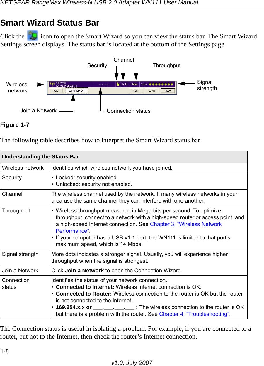 NETGEAR RangeMax Wireless-N USB 2.0 Adapter WN111 User Manual1-8v1.0, July 2007Smart Wizard Status BarClick the   icon to open the Smart Wizard so you can view the status bar. The Smart Wizard Settings screen displays. The status bar is located at the bottom of the Settings page.The following table describes how to interpret the Smart Wizard status barThe Connection status is useful in isolating a problem. For example, if you are connected to a router, but not to the Internet, then check the router’s Internet connection.Figure 1-7Understanding the Status BarWireless network Identifies which wireless network you have joined.Security • Locked: security enabled.• Unlocked: security not enabled.Channel The wireless channel used by the network. If many wireless networks in your area use the same channel they can interfere with one another.Throughput • Wireless throughput measured in Mega bits per second. To optimize throughput, connect to a network with a high-speed router or access point, and a high-speed Internet connection. See Chapter 3, “Wireless Network Performance”.• If your computer has a USB v1.1 port, the WN111 is limited to that port’s maximum speed, which is 14 Mbps.Signal strength More dots indicates a stronger signal. Usually, you will experience higher throughput when the signal is strongest.Join a Network Click Join a Network to open the Connection Wizard.Connection statusIdentifies the status of your network connection.•Connected to Internet: Wireless Internet connection is OK.•Connected to Router: Wireless connection to the router is OK but the router is not connected to the Internet.•169.254.x.x or ___.___.___.___ : The wireless connection to the router is OK but there is a problem with the router. See Chapter 4, “Troubleshooting”.WirelessnetworkConnection statusSecurityJoin a NetworkChannel ThroughputSignalstrength