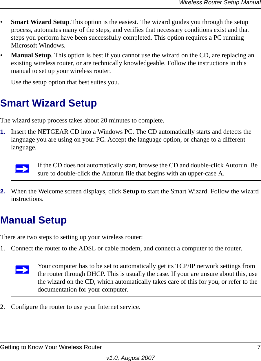 Wireless Router Setup ManualGetting to Know Your Wireless Router 7v1.0, August 2007•Smart Wizard Setup.This option is the easiest. The wizard guides you through the setup process, automates many of the steps, and verifies that necessary conditions exist and that steps you perform have been successfully completed. This option requires a PC running Microsoft Windows.•Manual Setup. This option is best if you cannot use the wizard on the CD, are replacing an existing wireless router, or are technically knowledgeable. Follow the instructions in this manual to set up your wireless router.Use the setup option that best suites you.Smart Wizard SetupThe wizard setup process takes about 20 minutes to complete. 1. Insert the NETGEAR CD into a Windows PC. The CD automatically starts and detects the language you are using on your PC. Accept the language option, or change to a different language. 2. When the Welcome screen displays, click Setup to start the Smart Wizard. Follow the wizard instructions.Manual SetupThere are two steps to setting up your wireless router:1. Connect the router to the ADSL or cable modem, and connect a computer to the router.2. Configure the router to use your Internet service. If the CD does not automatically start, browse the CD and double-click Autorun. Be sure to double-click the Autorun file that begins with an upper-case A.Your computer has to be set to automatically get its TCP/IP network settings from the router through DHCP. This is usually the case. If your are unsure about this, use the wizard on the CD, which automatically takes care of this for you, or refer to the documentation for your computer.