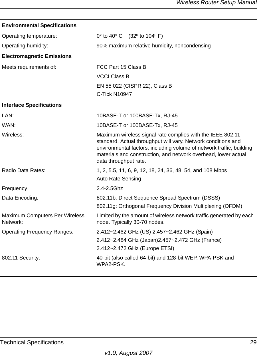 Wireless Router Setup ManualTechnical Specifications 29v1.0, August 2007Environmental SpecificationsOperating temperature: 0° to 40° C  (32º to 104º F)Operating humidity: 90% maximum relative humidity, noncondensingElectromagnetic EmissionsMeets requirements of: FCC Part 15 Class BVCCI Class BEN 55 022 (CISPR 22), Class BC-Tick N10947Interface SpecificationsLAN: 10BASE-T or 100BASE-Tx, RJ-45WAN: 10BASE-T or 100BASE-Tx, RJ-45Wireless: Maximum wireless signal rate complies with the IEEE 802.11 standard. Actual throughput will vary. Network conditions and environmental factors, including volume of network traffic, building materials and construction, and network overhead, lower actual data throughput rate. Radio Data Rates: 1, 2, 5.5, 11, 6, 9, 12, 18, 24, 36, 48, 54, and 108 Mbps Auto Rate SensingFrequency 2.4-2.5GhzData Encoding: 802.11b: Direct Sequence Spread Spectrum (DSSS) 802.11g: Orthogonal Frequency Division Multiplexing (OFDM)Maximum Computers Per Wireless Network:Limited by the amount of wireless network traffic generated by each node. Typically 30-70 nodes.Operating Frequency Ranges: 2.412~2.462 GHz (US) 2.457~2.462 GHz (Spain)2.412~2.484 GHz (Japan)2.457~2.472 GHz (France)2.412~2.472 GHz (Europe ETSI)802.11 Security: 40-bit (also called 64-bit) and 128-bit WEP, WPA-PSK and WPA2-PSK.