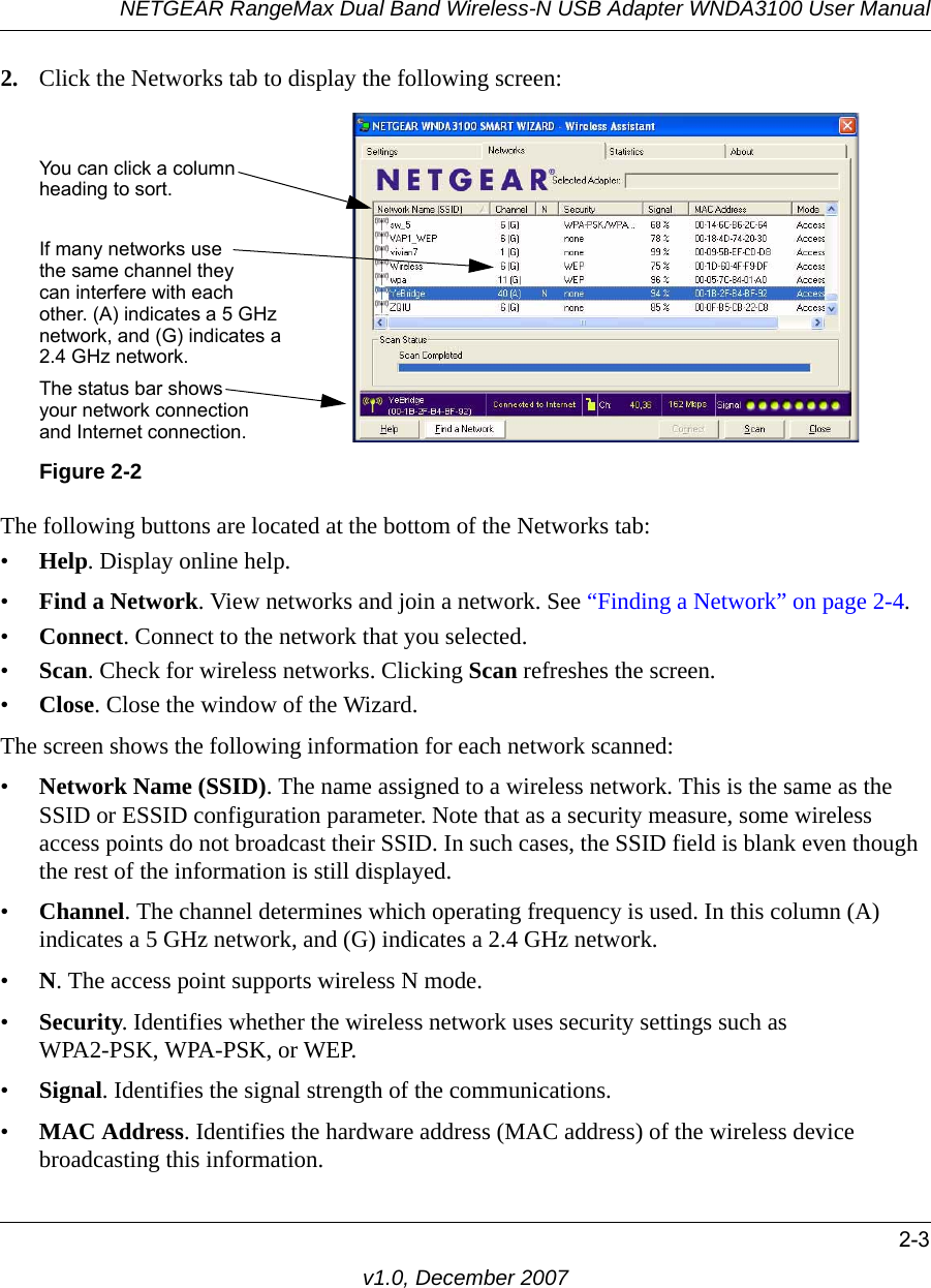 NETGEAR RangeMax Dual Band Wireless-N USB Adapter WNDA3100 User Manual2-3v1.0, December 20072. Click the Networks tab to display the following screen:The following buttons are located at the bottom of the Networks tab:•Help. Display online help.•Find a Network. View networks and join a network. See “Finding a Network” on page 2-4.•Connect. Connect to the network that you selected.•Scan. Check for wireless networks. Clicking Scan refreshes the screen.•Close. Close the window of the Wizard.The screen shows the following information for each network scanned:•Network Name (SSID). The name assigned to a wireless network. This is the same as the SSID or ESSID configuration parameter. Note that as a security measure, some wireless access points do not broadcast their SSID. In such cases, the SSID field is blank even though the rest of the information is still displayed. •Channel. The channel determines which operating frequency is used. In this column (A) indicates a 5 GHz network, and (G) indicates a 2.4 GHz network.•N. The access point supports wireless N mode.•Security. Identifies whether the wireless network uses security settings such as WPA2-PSK, WPA-PSK, or WEP.•Signal. Identifies the signal strength of the communications.•MAC Address. Identifies the hardware address (MAC address) of the wireless device broadcasting this information.Figure 2-2You can click a columnheading to sort.If many networks usethe same channel theycan interfere with eachother. (A) indicates a 5 GHzThe status bar showsyour network connectionand Internet connection.network, and (G) indicates a2.4 GHz network.