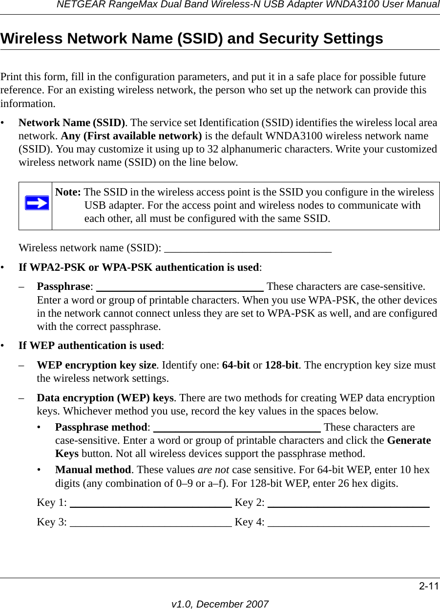 NETGEAR RangeMax Dual Band Wireless-N USB Adapter WNDA3100 User Manual2-11v1.0, December 2007Wireless Network Name (SSID) and Security SettingsPrint this form, fill in the configuration parameters, and put it in a safe place for possible future reference. For an existing wireless network, the person who set up the network can provide this information.•Network Name (SSID). The service set Identification (SSID) identifies the wireless local area network. Any (First available network) is the default WNDA3100 wireless network name (SSID). You may customize it using up to 32 alphanumeric characters. Write your customized wireless network name (SSID) on the line below. Wireless network name (SSID): ______________________________ •If WPA2-PSK or WPA-PSK authentication is used: –Passphrase: ______________________________ These characters are case-sensitive. Enter a word or group of printable characters. When you use WPA-PSK, the other devices in the network cannot connect unless they are set to WPA-PSK as well, and are configured with the correct passphrase. •If WEP authentication is used:–WEP encryption key size. Identify one: 64-bit or 128-bit. The encryption key size must the wireless network settings.–Data encryption (WEP) keys. There are two methods for creating WEP data encryption keys. Whichever method you use, record the key values in the spaces below.•Passphrase method: ______________________________ These characters are case-sensitive. Enter a word or group of printable characters and click the Generate Keys button. Not all wireless devices support the passphrase method.•Manual method. These values are not case sensitive. For 64-bit WEP, enter 10 hex digits (any combination of 0–9 or a–f). For 128-bit WEP, enter 26 hex digits.Key 1: _____________________________ Key 2: _____________________________ Key 3: _____________________________ Key 4: _____________________________ Note: The SSID in the wireless access point is the SSID you configure in the wireless USB adapter. For the access point and wireless nodes to communicate with each other, all must be configured with the same SSID.