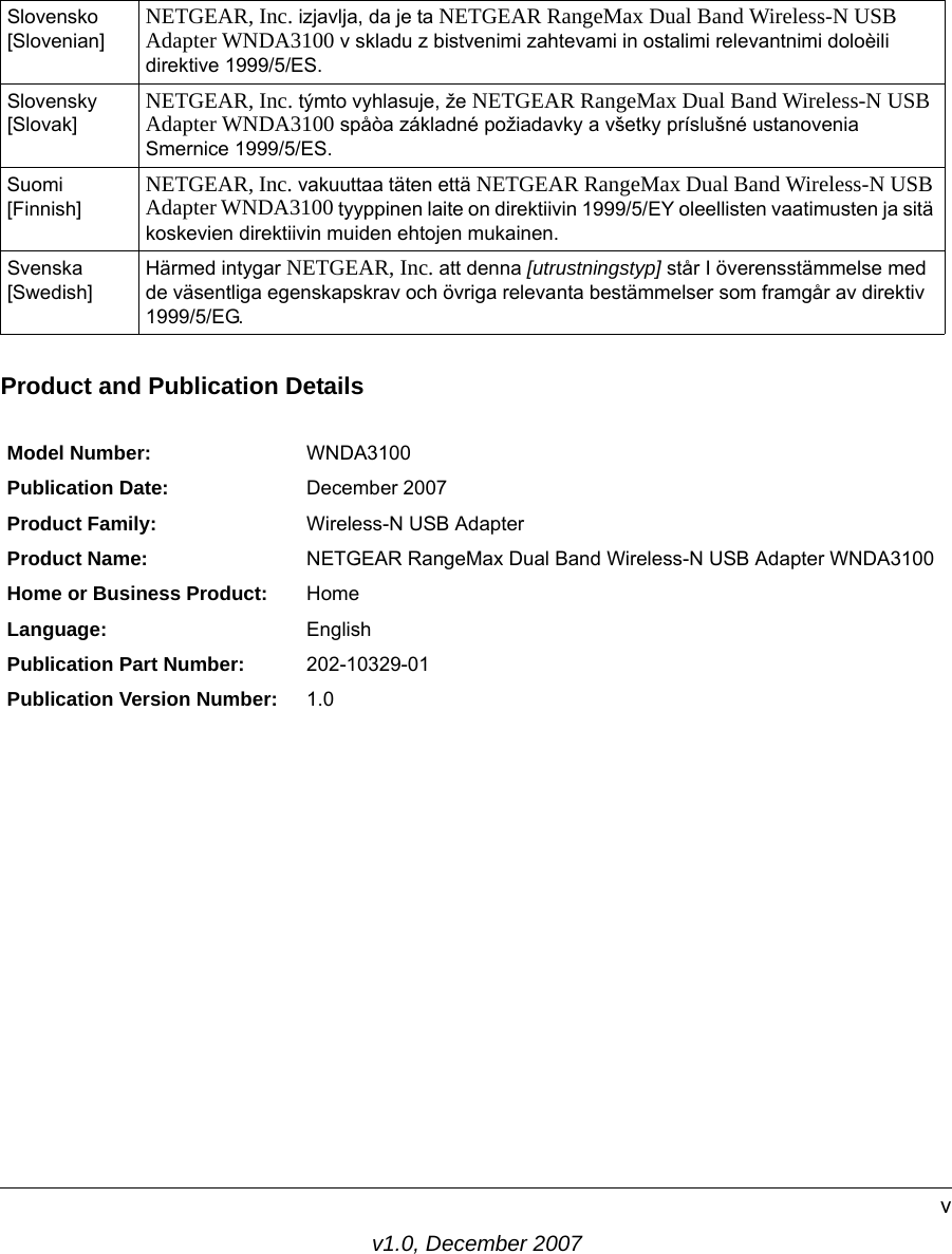 v1.0, December 2007vProduct and Publication DetailsSlovensko [Slovenian] NETGEAR, Inc. izjavlja, da je ta NETGEAR RangeMax Dual Band Wireless-N USB Adapter WNDA3100 v skladu z bistvenimi zahtevami in ostalimi relevantnimi doloèili direktive 1999/5/ES.Slovensky [Slovak] NETGEAR, Inc. týmto vyhlasuje, že NETGEAR RangeMax Dual Band Wireless-N USB Adapter WNDA3100 spåòa základné požiadavky a všetky príslušné ustanovenia Smernice 1999/5/ES.Suomi [Finnish] NETGEAR, Inc. vakuuttaa täten että NETGEAR RangeMax Dual Band Wireless-N USB Adapter WNDA3100 tyyppinen laite on direktiivin 1999/5/EY oleellisten vaatimusten ja sitä koskevien direktiivin muiden ehtojen mukainen.Svenska [Swedish]Härmed intygar NETGEAR, Inc. att denna [utrustningstyp] står I överensstämmelse med de väsentliga egenskapskrav och övriga relevanta bestämmelser som framgår av direktiv 1999/5/EG.Model Number: WNDA3100Publication Date: December 2007Product Family: Wireless-N USB AdapterProduct Name: NETGEAR RangeMax Dual Band Wireless-N USB Adapter WNDA3100Home or Business Product: HomeLanguage: EnglishPublication Part Number: 202-10329-01Publication Version Number: 1.0