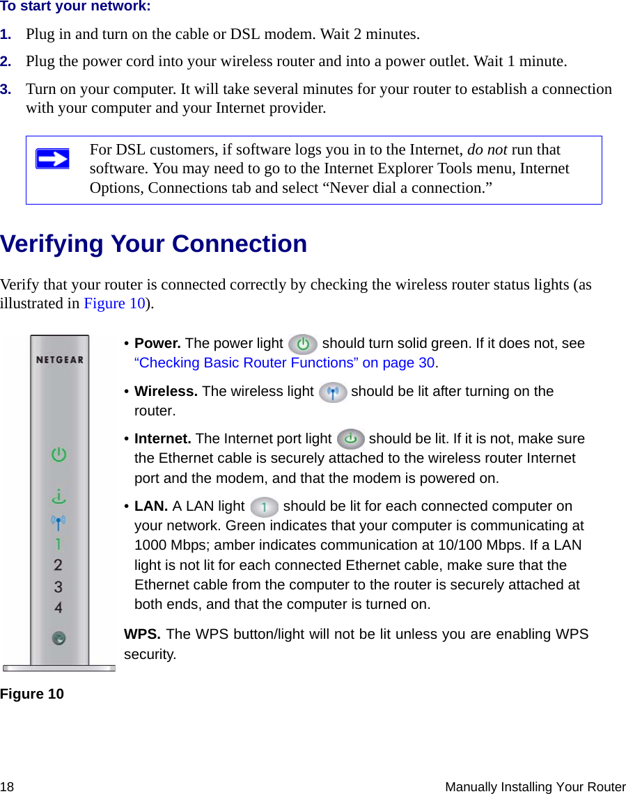 18 Manually Installing Your RouterTo start your network:1. Plug in and turn on the cable or DSL modem. Wait 2 minutes.2. Plug the power cord into your wireless router and into a power outlet. Wait 1 minute. 3. Turn on your computer. It will take several minutes for your router to establish a connection with your computer and your Internet provider. Verifying Your ConnectionVerify that your router is connected correctly by checking the wireless router status lights (as illustrated in Figure 10).For DSL customers, if software logs you in to the Internet, do not run that software. You may need to go to the Internet Explorer Tools menu, Internet Options, Connections tab and select “Never dial a connection.”Figure 10•Power. The power light   should turn solid green. If it does not, see “Checking Basic Router Functions” on page 30.•Wireless. The wireless light   should be lit after turning on the router.•Internet. The Internet port light   should be lit. If it is not, make sure the Ethernet cable is securely attached to the wireless router Internet port and the modem, and that the modem is powered on.•LAN. A LAN light   should be lit for each connected computer on your network. Green indicates that your computer is communicating at 1000 Mbps; amber indicates communication at 10/100 Mbps. If a LAN light is not lit for each connected Ethernet cable, make sure that the Ethernet cable from the computer to the router is securely attached at both ends, and that the computer is turned on.WPS. The WPS button/light will not be lit unless you are enabling WPSsecurity.