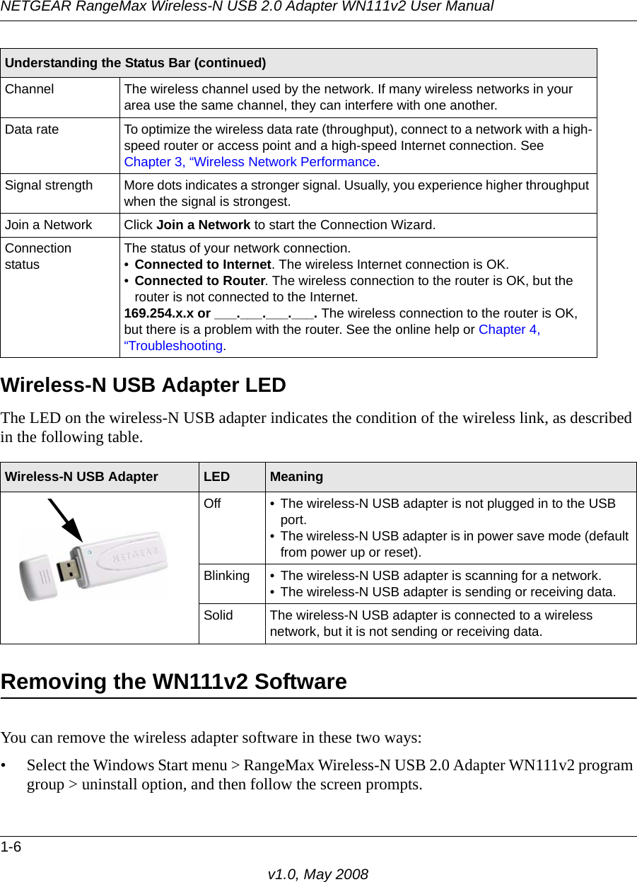NETGEAR RangeMax Wireless-N USB 2.0 Adapter WN111v2 User Manual1-6v1.0, May 2008Wireless-N USB Adapter LEDThe LED on the wireless-N USB adapter indicates the condition of the wireless link, as described in the following table.Removing the WN111v2 SoftwareYou can remove the wireless adapter software in these two ways:• Select the Windows Start menu &gt; RangeMax Wireless-N USB 2.0 Adapter WN111v2 program group &gt; uninstall option, and then follow the screen prompts.Channel The wireless channel used by the network. If many wireless networks in your area use the same channel, they can interfere with one another.Data rate To optimize the wireless data rate (throughput), connect to a network with a high-speed router or access point and a high-speed Internet connection. See Chapter 3, “Wireless Network Performance.Signal strength More dots indicates a stronger signal. Usually, you experience higher throughput when the signal is strongest.Join a Network Click Join a Network to start the Connection Wizard.Connection status The status of your network connection.•Connected to Internet. The wireless Internet connection is OK.•Connected to Router. The wireless connection to the router is OK, but the router is not connected to the Internet.169.254.x.x or ___.___.___.___. The wireless connection to the router is OK, but there is a problem with the router. See the online help or Chapter 4, “Troubleshooting.Wireless-N USB Adapter LED  MeaningOff • The wireless-N USB adapter is not plugged in to the USB port.• The wireless-N USB adapter is in power save mode (default from power up or reset).Blinking • The wireless-N USB adapter is scanning for a network.• The wireless-N USB adapter is sending or receiving data.Solid The wireless-N USB adapter is connected to a wireless network, but it is not sending or receiving data.Understanding the Status Bar (continued)