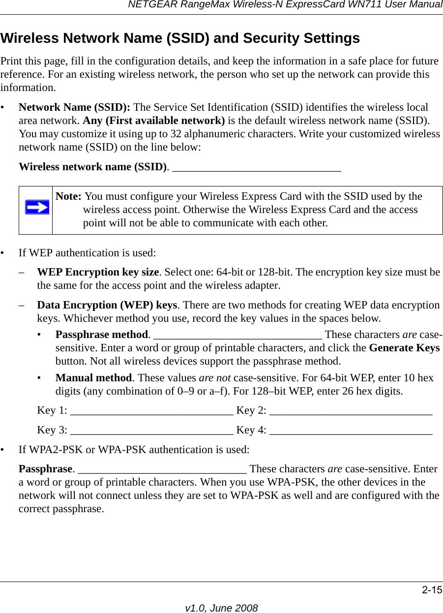 NETGEAR RangeMax Wireless-N ExpressCard WN711 User Manual2-15v1.0, June 2008Wireless Network Name (SSID) and Security SettingsPrint this page, fill in the configuration details, and keep the information in a safe place for future reference. For an existing wireless network, the person who set up the network can provide this information.•Network Name (SSID): The Service Set Identification (SSID) identifies the wireless local area network. Any (First available network) is the default wireless network name (SSID). You may customize it using up to 32 alphanumeric characters. Write your customized wireless network name (SSID) on the line below:Wireless network name (SSID). ______________________________ • If WEP authentication is used: –WEP Encryption key size. Select one: 64-bit or 128-bit. The encryption key size must be the same for the access point and the wireless adapter.–Data Encryption (WEP) keys. There are two methods for creating WEP data encryption keys. Whichever method you use, record the key values in the spaces below.•Passphrase method. ______________________________ These characters are case-sensitive. Enter a word or group of printable characters, and click the Generate Keys button. Not all wireless devices support the passphrase method.•Manual method. These values are not case-sensitive. For 64-bit WEP, enter 10 hex digits (any combination of 0–9 or a–f). For 128–bit WEP, enter 26 hex digits.Key 1: _____________________________ Key 2: _____________________________ Key 3: _____________________________ Key 4: _____________________________ • If WPA2-PSK or WPA-PSK authentication is used: Passphrase. ______________________________ These characters are case-sensitive. Enter a word or group of printable characters. When you use WPA-PSK, the other devices in the network will not connect unless they are set to WPA-PSK as well and are configured with the correct passphrase. Note: You must configure your Wireless Express Card with the SSID used by the wireless access point. Otherwise the Wireless Express Card and the access point will not be able to communicate with each other.