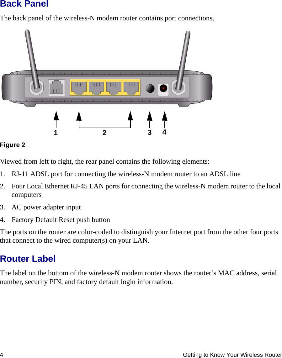 4 Getting to Know Your Wireless RouterBack PanelThe back panel of the wireless-N modem router contains port connections.Viewed from left to right, the rear panel contains the following elements:1. RJ-11 ADSL port for connecting the wireless-N modem router to an ADSL line2. Four Local Ethernet RJ-45 LAN ports for connecting the wireless-N modem router to the local computers3. AC power adapter input4. Factory Default Reset push buttonThe ports on the router are color-coded to distinguish your Internet port from the other four ports that connect to the wired computer(s) on your LAN.Router LabelThe label on the bottom of the wireless-N modem router shows the router’s MAC address, serial number, security PIN, and factory default login information. Figure 21234