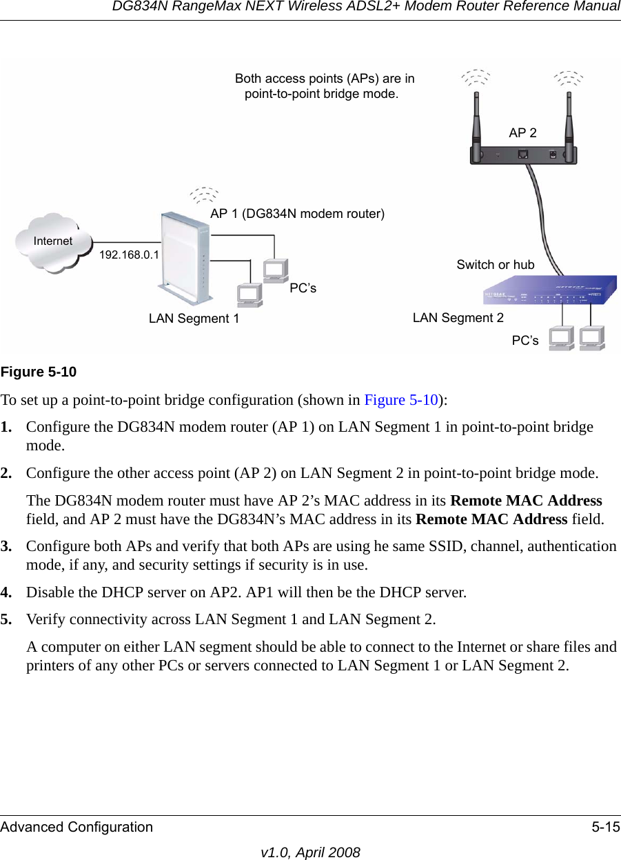 DG834N RangeMax NEXT Wireless ADSL2+ Modem Router Reference ManualAdvanced Configuration 5-15v1.0, April 2008To set up a point-to-point bridge configuration (shown in Figure 5-10):1. Configure the DG834N modem router (AP 1) on LAN Segment 1 in point-to-point bridge mode.2. Configure the other access point (AP 2) on LAN Segment 2 in point-to-point bridge mode. The DG834N modem router must have AP 2’s MAC address in its Remote MAC Address field, and AP 2 must have the DG834N’s MAC address in its Remote MAC Address field. 3. Configure both APs and verify that both APs are using he same SSID, channel, authentication mode, if any, and security settings if security is in use.4. Disable the DHCP server on AP2. AP1 will then be the DHCP server.5. Verify connectivity across LAN Segment 1 and LAN Segment 2. A computer on either LAN segment should be able to connect to the Internet or share files and printers of any other PCs or servers connected to LAN Segment 1 or LAN Segment 2.Figure 5-10  LAN Segment 1PC’sPC’sLAN Segment 2Switch or hubAP 2Both access points (APs) are in192.168.0.1InternetAP 1 (DG834N modem router)point-to-point bridge mode.
