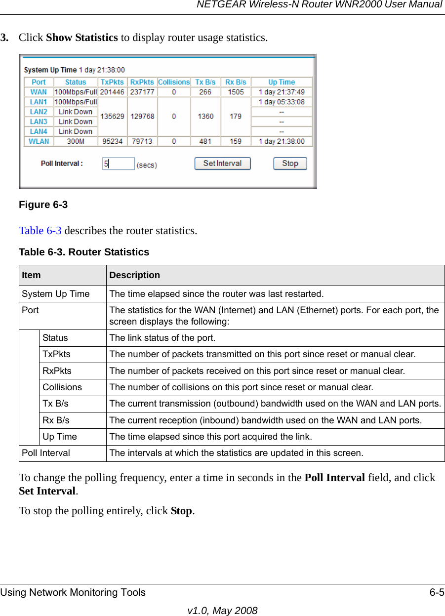 NETGEAR Wireless-N Router WNR2000 User Manual Using Network Monitoring Tools 6-5v1.0, May 20083. Click Show Statistics to display router usage statistics.Table 6-3 describes the router statistics.To change the polling frequency, enter a time in seconds in the Poll Interval field, and click Set Interval.To stop the polling entirely, click Stop.Figure 6-3Table 6-3. Router StatisticsItem DescriptionSystem Up Time The time elapsed since the router was last restarted.Port The statistics for the WAN (Internet) and LAN (Ethernet) ports. For each port, the screen displays the following:Status The link status of the port.TxPkts The number of packets transmitted on this port since reset or manual clear.RxPkts The number of packets received on this port since reset or manual clear.Collisions The number of collisions on this port since reset or manual clear.Tx B/s The current transmission (outbound) bandwidth used on the WAN and LAN ports.Rx B/s The current reception (inbound) bandwidth used on the WAN and LAN ports.Up Time The time elapsed since this port acquired the link.Poll Interval The intervals at which the statistics are updated in this screen. 