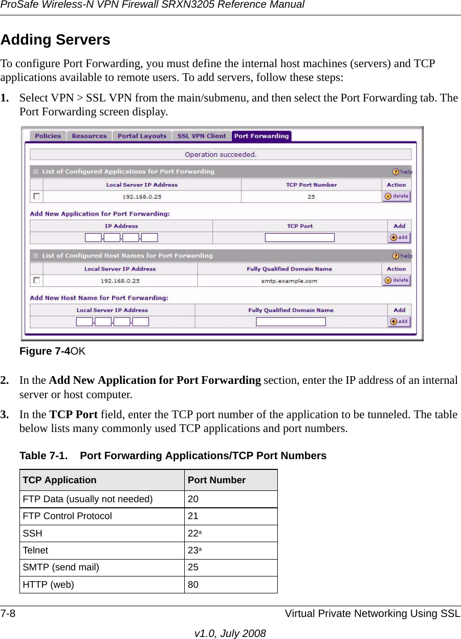 ProSafe Wireless-N VPN Firewall SRXN3205 Reference Manual7-8 Virtual Private Networking Using SSLv1.0, July 2008Adding ServersTo configure Port Forwarding, you must define the internal host machines (servers) and TCP applications available to remote users. To add servers, follow these steps:1. Select VPN &gt; SSL VPN from the main/submenu, and then select the Port Forwarding tab. The Port Forwarding screen display.2. In the Add New Application for Port Forwarding section, enter the IP address of an internal server or host computer.3. In the TCP Port field, enter the TCP port number of the application to be tunneled. The table below lists many commonly used TCP applications and port numbers.Figure 7-4OKTable 7-1.  Port Forwarding Applications/TCP Port NumbersTCP Application Port NumberFTP Data (usually not needed) 20FTP Control Protocol 21SSH 22aTelnet 23aSMTP (send mail) 25HTTP (web) 80