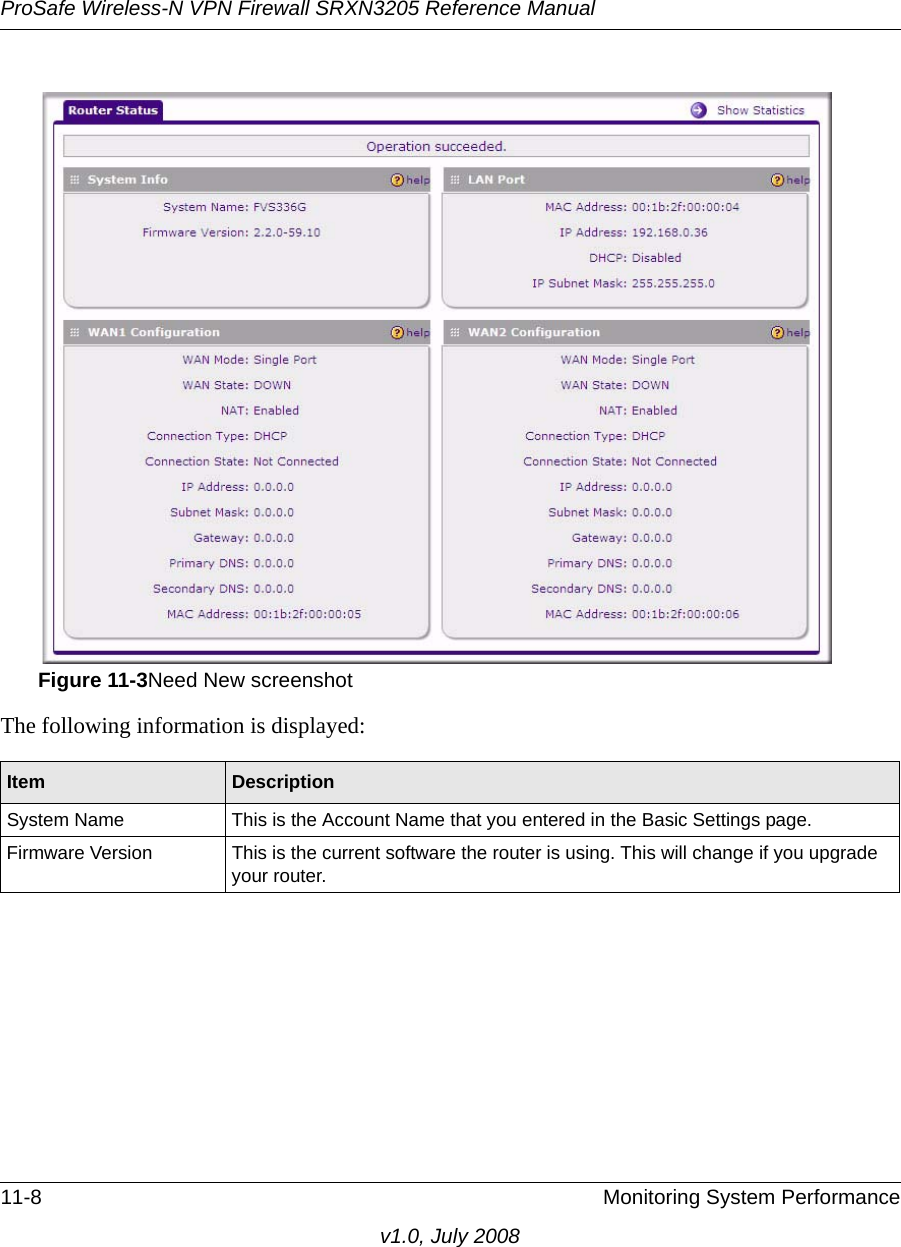 ProSafe Wireless-N VPN Firewall SRXN3205 Reference Manual11-8 Monitoring System Performancev1.0, July 2008The following information is displayed: Figure 11-3Need New screenshotItem DescriptionSystem Name This is the Account Name that you entered in the Basic Settings page. Firmware Version This is the current software the router is using. This will change if you upgrade your router. 