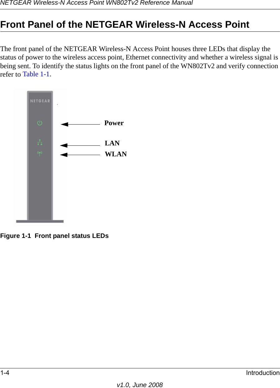 NETGEAR Wireless-N Access Point WN802Tv2 Reference Manual1-4 Introductionv1.0, June 2008Front Panel of the NETGEAR Wireless-N Access Point The front panel of the NETGEAR Wireless-N Access Point houses three LEDs that display the status of power to the wireless access point, Ethernet connectivity and whether a wireless signal is being sent. To identify the status lights on the front panel of the WN802Tv2 and verify connection refer to Table 1-1.PPower LANWLANFigure 1-1  Front panel status LEDs 