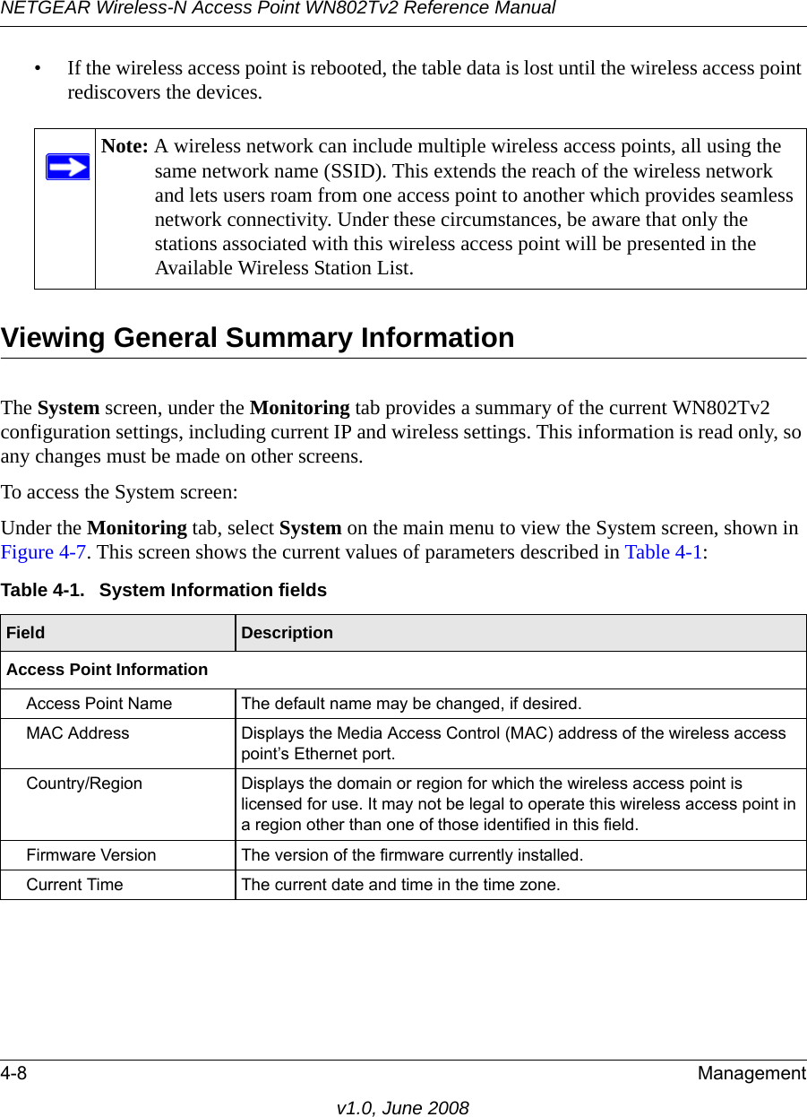 NETGEAR Wireless-N Access Point WN802Tv2 Reference Manual4-8 Managementv1.0, June 2008• If the wireless access point is rebooted, the table data is lost until the wireless access point rediscovers the devices. Note: A wireless network can include multiple wireless access points, all using the same network name (SSID). This extends the reach of the wireless network and lets users roam from one access point to another which provides seamless network connectivity. Under these circumstances, be aware that only the stations associated with this wireless access point will be presented in the Available Wireless Station List.Viewing General Summary InformationThe System screen, under the Monitoring tab provides a summary of the current WN802Tv2 configuration settings, including current IP and wireless settings. This information is read only, so any changes must be made on other screens.To access the System screen:Under the Monitoring tab, select System on the main menu to view the System screen, shown in Figure 4-7. This screen shows the current values of parameters described in Table 4-1:Table 4-1.  System Information fields Field  DescriptionAccess Point InformationAccess Point Name  The default name may be changed, if desired.MAC Address Displays the Media Access Control (MAC) address of the wireless access point’s Ethernet port.Country/Region Displays the domain or region for which the wireless access point is licensed for use. It may not be legal to operate this wireless access point in a region other than one of those identified in this field.Firmware Version The version of the firmware currently installed.Current Time The current date and time in the time zone.