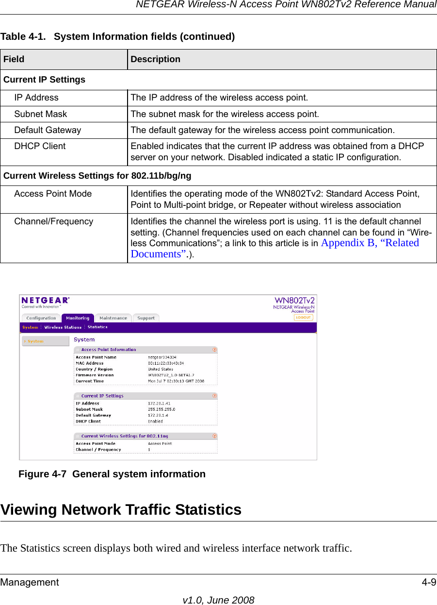 NETGEAR Wireless-N Access Point WN802Tv2 Reference ManualManagement 4-9v1.0, June 2008Viewing Network Traffic StatisticsThe Statistics screen displays both wired and wireless interface network traffic. Current IP SettingsIP Address The IP address of the wireless access point.Subnet Mask The subnet mask for the wireless access point.Default Gateway The default gateway for the wireless access point communication.DHCP Client Enabled indicates that the current IP address was obtained from a DHCP server on your network. Disabled indicated a static IP configuration.Current Wireless Settings for 802.11b/bg/ngAccess Point Mode Identifies the operating mode of the WN802Tv2: Standard Access Point, Point to Multi-point bridge, or Repeater without wireless associationChannel/Frequency Identifies the channel the wireless port is using. 11 is the default channel setting. (Channel frequencies used on each channel can be found in “Wire-less Communications”; a link to this article is in Appendix B, “Related Documents”.).Figure 4-7  General system informationTable 4-1.  System Information fields (continued)Field  Description