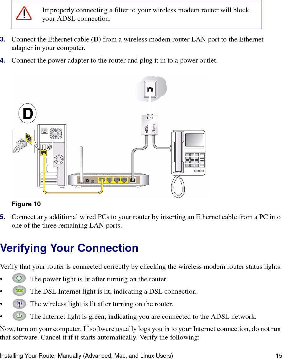 Installing Your Router Manually (Advanced, Mac, and Linux Users) 153. Connect the Ethernet cable (D) from a wireless modem router LAN port to the Ethernet adapter in your computer.4. Connect the power adapter to the router and plug it in to a power outlet. 5. Connect any additional wired PCs to your router by inserting an Ethernet cable from a PC into one of the three remaining LAN ports.Verifying Your ConnectionVerify that your router is connected correctly by checking the wireless modem router status lights.•  The power light is lit after turning on the router.•  The DSL Internet light is lit, indicating a DSL connection. •  The wireless light is lit after turning on the router.•  The Internet light is green, indicating you are connected to the ADSL network.Now, turn on your computer. If software usually logs you in to your Internet connection, do not run that software. Cancel it if it starts automatically. Verify the following:Improperly connecting a filter to your wireless modem router will block your ADSL connection.Figure 10D