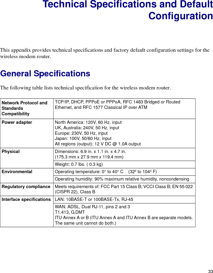 33Technical Specifications and DefaultConfigurationThis appendix provides technical specifications and factory default configuration settings for the wireless modem router.General SpecificationsThe following table lists technical specification for the wireless modem router.Network Protocol and Standards CompatibilityTCP/IP, DHCP, PPPoE or PPPoA, RFC 1483 Bridged or Routed Ethernet, and RFC 1577 Classical IP over ATMPower adapter North America: 120V, 60 Hz, inputUK, Australia: 240V, 50 Hz, inputEurope: 230V, 50 Hz, inputJapan: 100V, 50/60 Hz, inputAll regions (output): 12 V DC @ 1.0A outputPhysical Dimensions: 6.9 in. x 1.1 in. x 4.7 in. (175.3 mm x 27.9 mm x 119.4 mm)Weight: 0.7 lbs. ( 0.3 kg)Environmental Operating temperature: 0° to 40° C  (32º to 104º F)Operating humidity: 90% maximum relative humidity, noncondensingRegulatory compliance Meets requirements of: FCC Part 15 Class B; VCCI Class B; EN 55 022 (CISPR 22), Class BInterface specifications LAN: 10BASE-T or 100BASE-Tx, RJ-45WAN: ADSL, Dual RJ-11, pins 2 and 3T1.413, G.DMT ITU Annex A or B (ITU Annex A and ITU Annex B are separate models. The same unit cannot do both.)