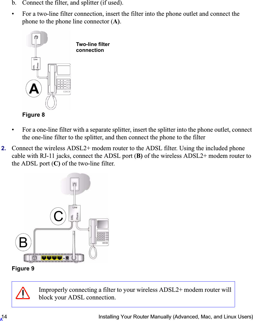 14 Installing Your Router Manually (Advanced, Mac, and Linux Users)b. Connect the filter, and splitter (if used).• For a two-line filter connection, insert the filter into the phone outlet and connect the phone to the phone line connector (A).• For a one-line filter with a separate splitter, insert the splitter into the phone outlet, connect the one-line filter to the splitter, and then connect the phone to the filter2. Connect the wireless ADSL2+ modem router to the ADSL filter. Using the included phone cable with RJ-11 jacks, connect the ADSL port (B) of the wireless ADSL2+ modem router to the ADSL port (C) of the two-line filter.Figure 8Figure 9Improperly connecting a filter to your wireless ADSL2+ modem router will block your ADSL connection.ATwo-line filterconnectionCB