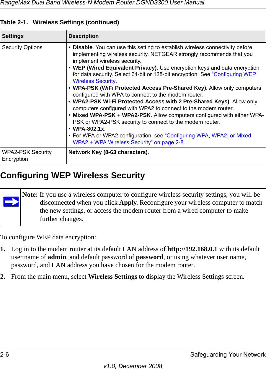 RangeMax Dual Band Wireless-N Modem Router DGND3300 User Manual2-6 Safeguarding Your Networkv1.0, December 2008Configuring WEP Wireless SecurityTo configure WEP data encryption:1. Log in to the modem router at its default LAN address of http://192.168.0.1 with its default user name of admin, and default password of password, or using whatever user name, password, and LAN address you have chosen for the modem router.2. From the main menu, select Wireless Settings to display the Wireless Settings screen.Security Options • Disable. You can use this setting to establish wireless connectivity before implementing wireless security. NETGEAR strongly recommends that you implement wireless security.•WEP (Wired Equivalent Privacy). Use encryption keys and data encryption for data security. Select 64-bit or 128-bit encryption. See “Configuring WEP Wireless Security.• WPA-PSK (WiFi Protected Access Pre-Shared Key). Allow only computers configured with WPA to connect to the modem router.• WPA2-PSK Wi-Fi Protected Access with 2 Pre-Shared Keys). Allow only computers configured with WPA2 to connect to the modem router. •Mixed WPA-PSK + WPA2-PSK. Allow computers configured with either WPA-PSK or WPA2-PSK security to connect to the modem router. •WPA-802.1x.• For WPA or WPA2 configuration, see “Configuring WPA, WPA2, or Mixed WPA2 + WPA Wireless Security” on page 2-8. WPA2-PSK Security Encryption Network Key (8-63 characters). Note: If you use a wireless computer to configure wireless security settings, you will be disconnected when you click Apply. Reconfigure your wireless computer to match the new settings, or access the modem router from a wired computer to make further changes.Table 2-1.  Wireless Settings (continued)Settings Description