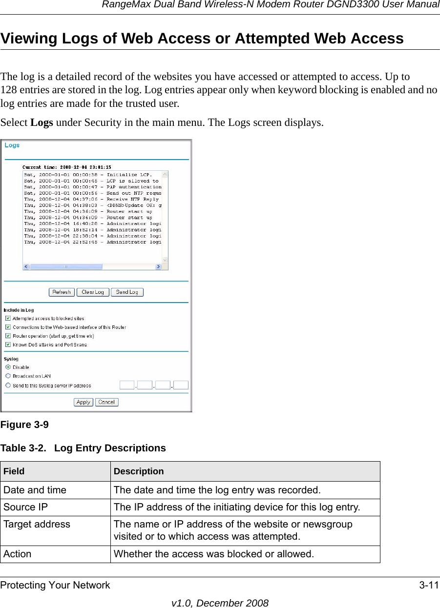 RangeMax Dual Band Wireless-N Modem Router DGND3300 User ManualProtecting Your Network 3-11v1.0, December 2008Viewing Logs of Web Access or Attempted Web AccessThe log is a detailed record of the websites you have accessed or attempted to access. Up to 128 entries are stored in the log. Log entries appear only when keyword blocking is enabled and no log entries are made for the trusted user.Select Logs under Security in the main menu. The Logs screen displays.Figure 3-9Table 3-2.  Log Entry DescriptionsField DescriptionDate and time The date and time the log entry was recorded.Source IP The IP address of the initiating device for this log entry.Target address The name or IP address of the website or newsgroup visited or to which access was attempted.Action Whether the access was blocked or allowed.